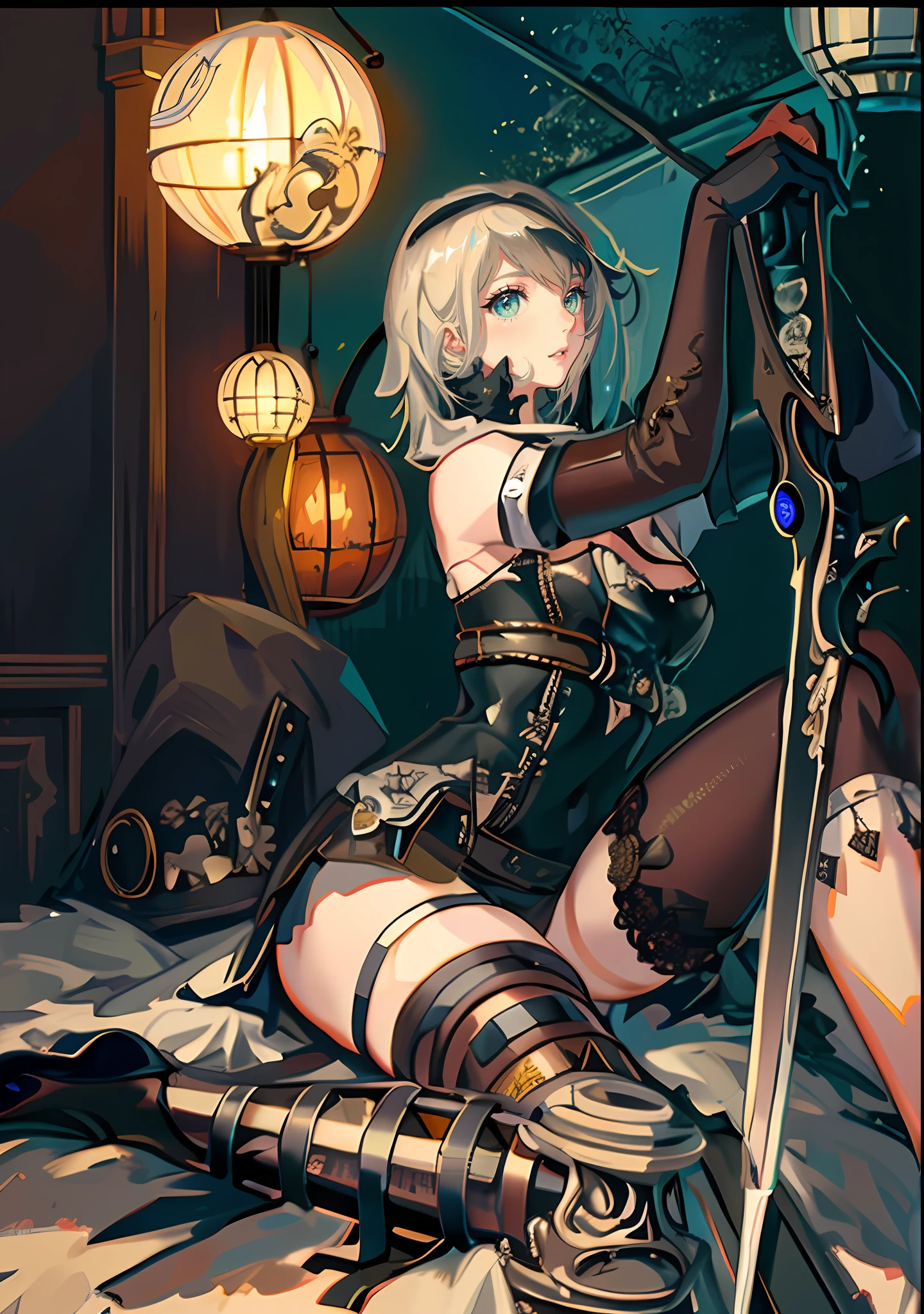 Anime girl sitting on bed wearing top hat and sword, Kushatt Krenz Key Art Women, 2b Deny automata, Neil 2 B, nier, nier:automata inspired, nier : automata inspired, Detailed key anime art, Splash art anime Loli, nier autoamata, Key anime art, like lady mechanika,Golden openwork prosthesis on the right leg