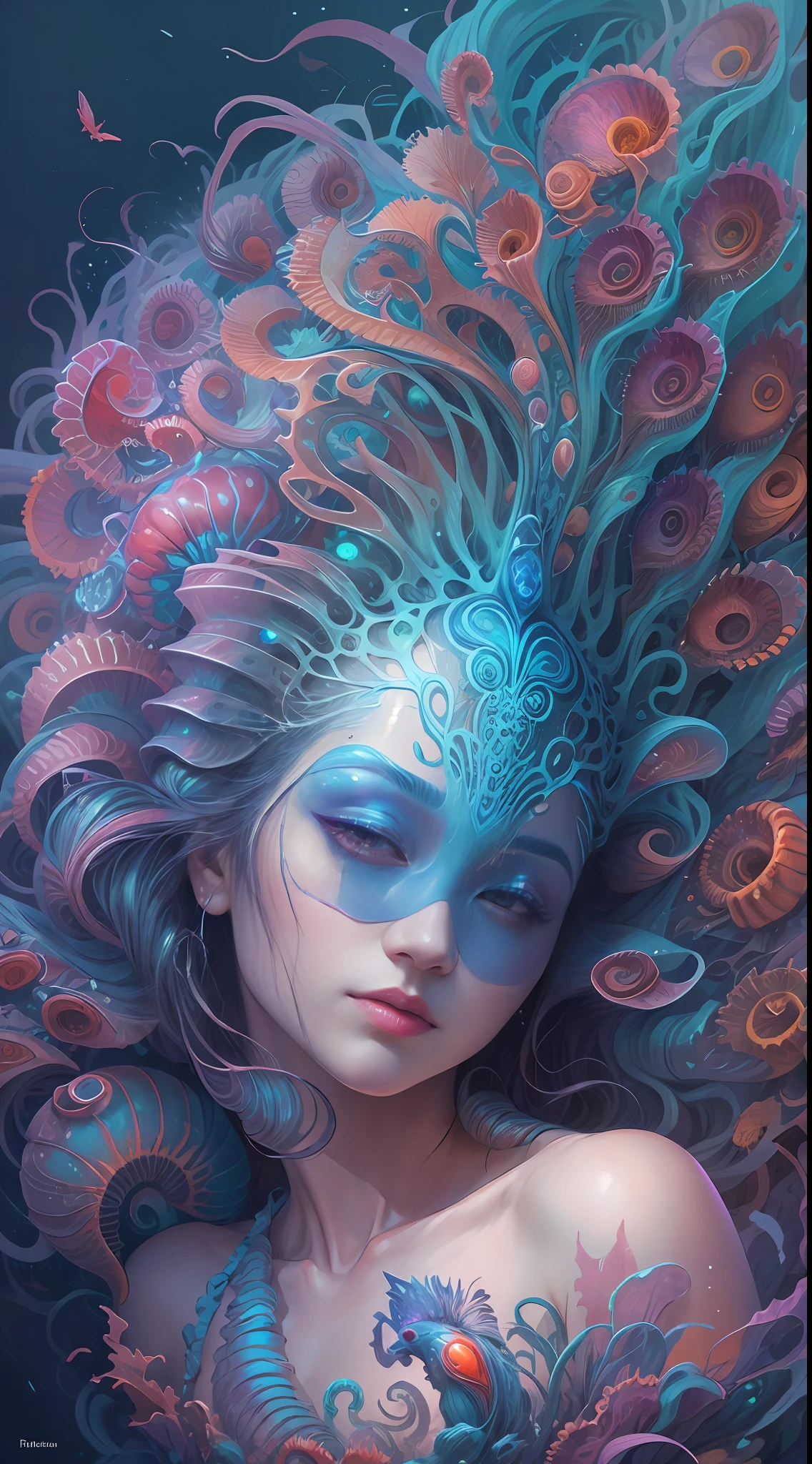 best qualtiy，tmasterpiece，超高分辨率，（photograph realistic：1.4），ultra-realistic realism，Dream-like，The beautiful blue goddess wears a phoenix peacock on her head, Nautilus, a betta fish，The creation of fantasy，Brain conch，Dream Conch，Biopunk Nautilus，Thrilling color scheme， ultra-realistic realism， abstracted， psychedelia,