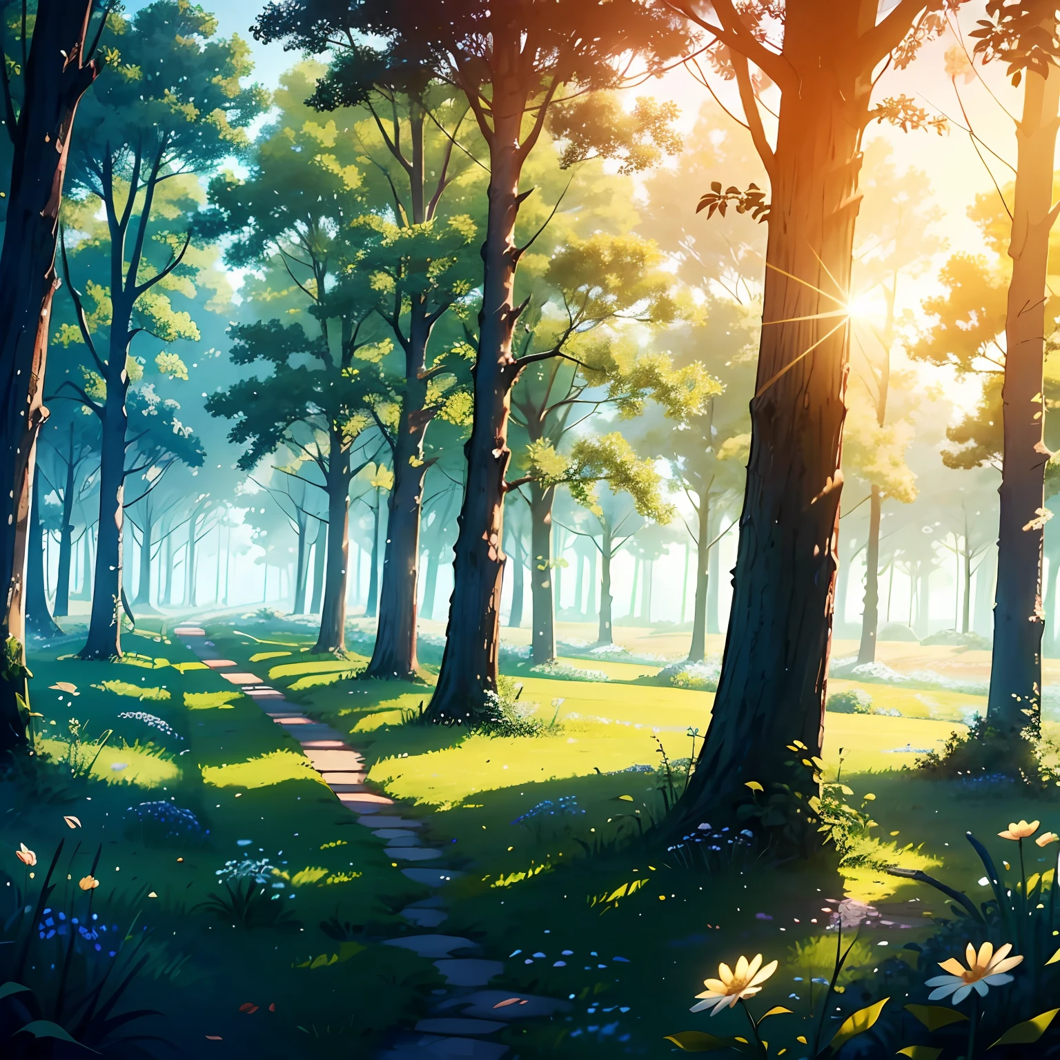 (best quality) "Imagine a serene scene, a peaceful forest with trees swaying in the wind and a delicate sunlight peeking through the leaves. The air is crisp and fresh with dewdrops on the grass and petals floating in the wind. The scene is calming and soothing, a moment of tranquility amidst the hustle and bustle of life. Let this image fill you with happiness and peace, and let all your worries fade away."