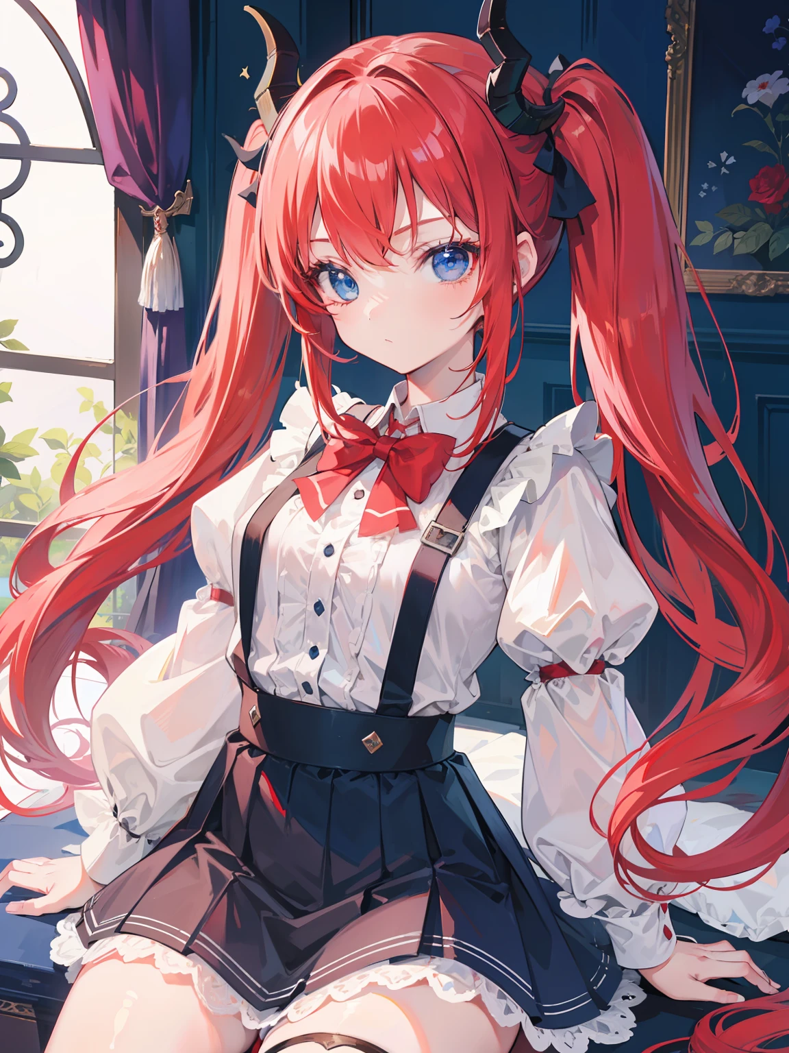 {{best quality}}, {{masterpiece}}, {{ultra-detailed}}, {illustration}, {detailed light}, red hair,blue eyes,twintails,lolita,Suspenders skirt,Fantastic,loli,solo,Dragon horns,little girl,long hair
