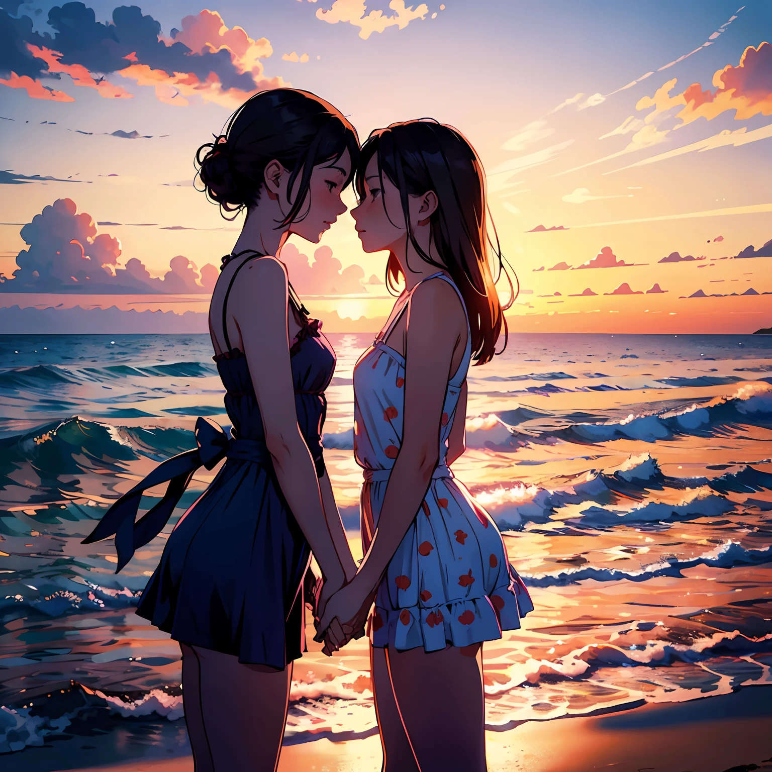 (best illustration, masterpiece, emotionally touching), romance, warm day, beach, two people, sunset, holding hands, feeling secure, blue sky, romantic atmosphere, gentle waves, pink and orange clouds.