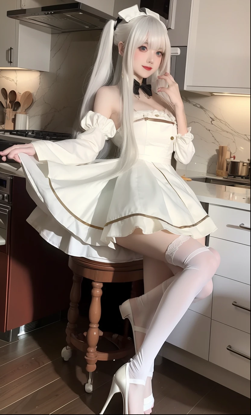 Photos of th3r0ck as a playful maid，1girll，red apron，amazing body，pronounced feminine features，plumw，kitchens，Long white hair，Flirt with long legs with a camera，high-heels，blackstockings