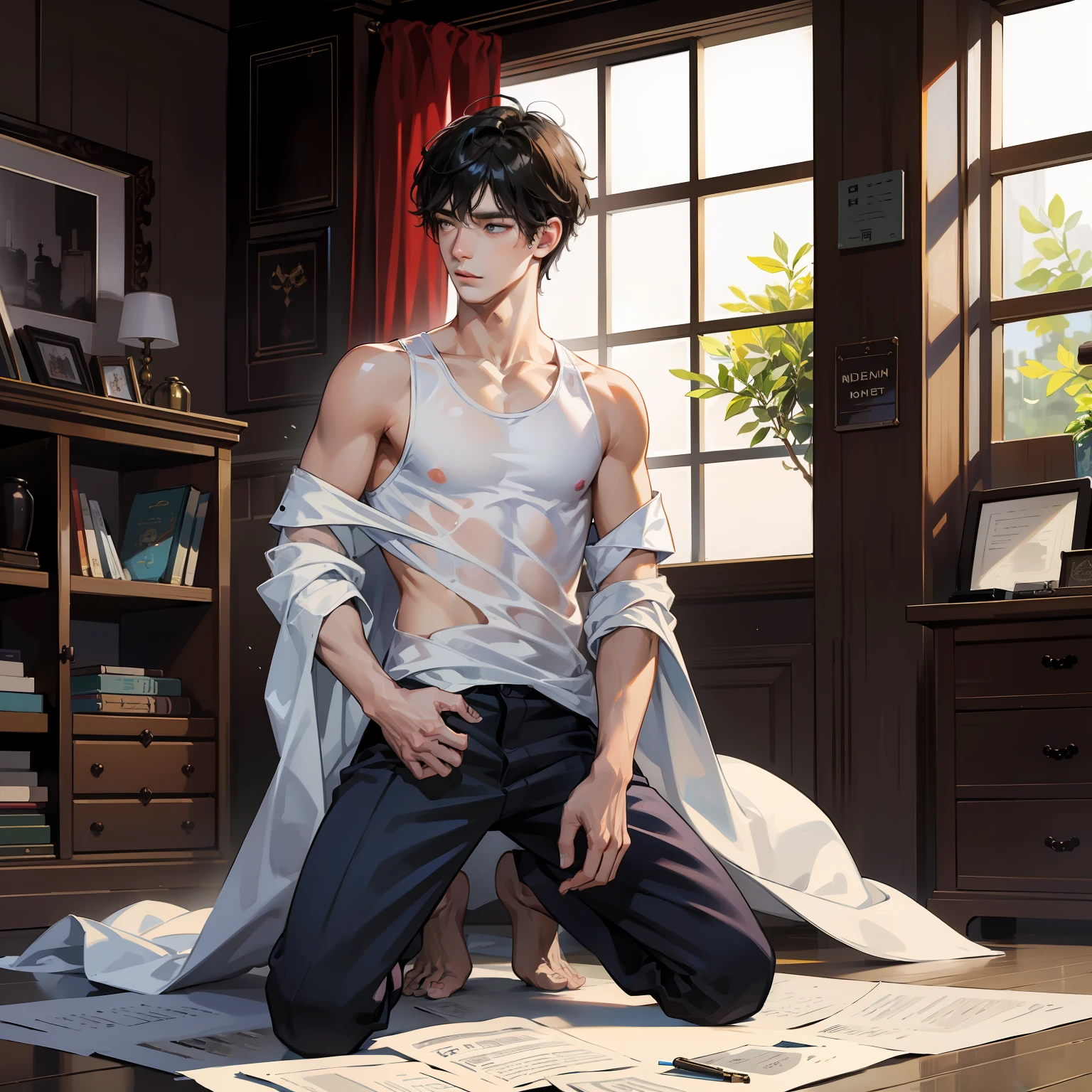 Best picture quality, tmasterpiece, 超高分辨率, (Fidelity:1.4), photore, 1 Handsome((Boy student))) Dimly lit,, ((mtu)),(torn laundry:1.5), (wetclothes:1.4),kneels on the ground,exposed bare shoulders, Real rain, Wet hair,(((mtu))),The crotch is extremely prominent