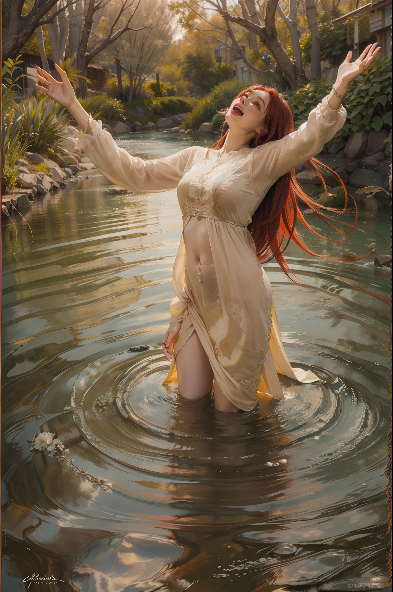 primer plano. A very beautiful young woman stands in the water of a river and shouts with joy with her hands raised.............. (Good Composition) (obra de arte) (Arte expresivo). (((Pechos masivos gigantes))) (((cabello pelirrojo)))