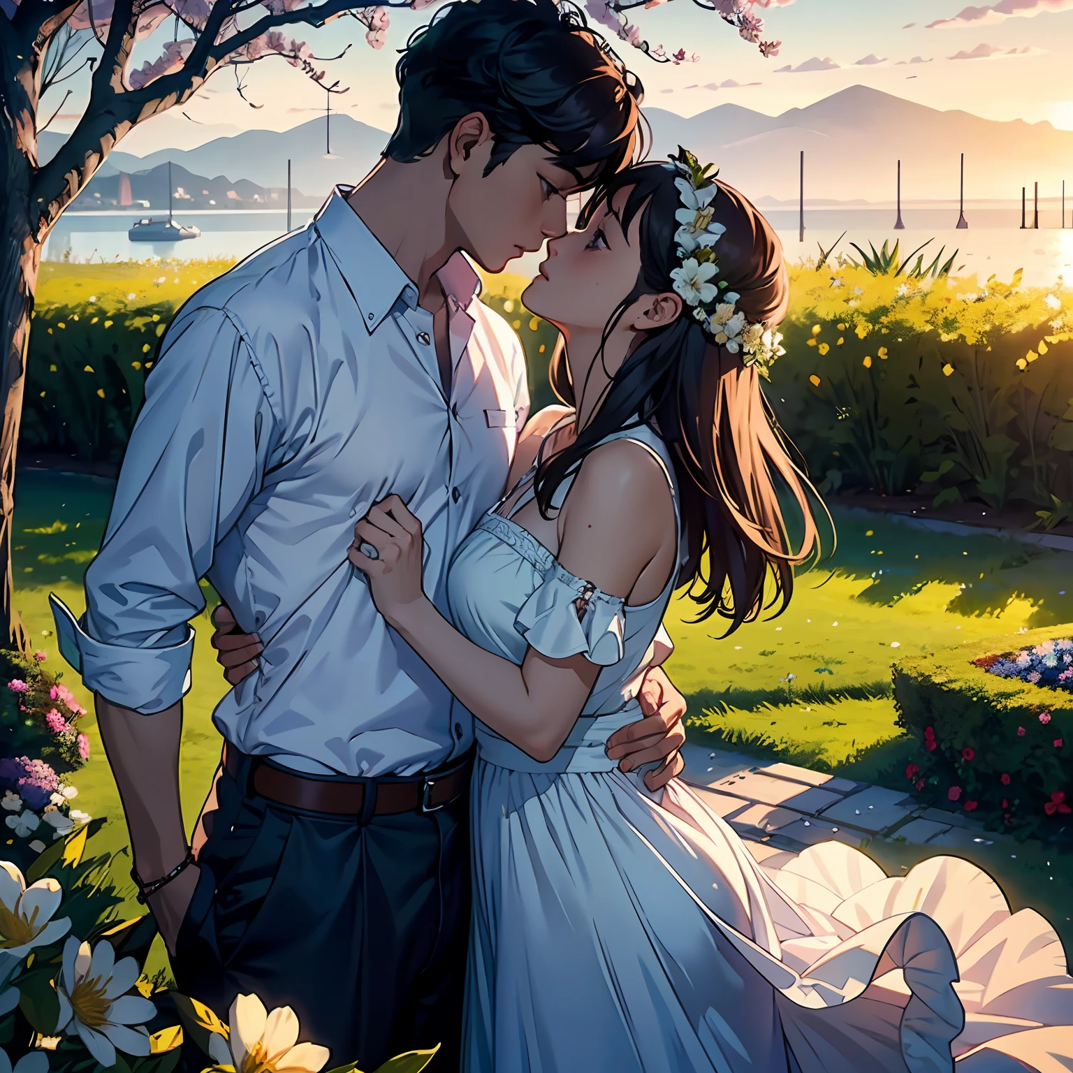 (best quality, masterpiece) As the gentle breeze blows, my breath was taken away and I was drawn towards you. We started to become one and our love bloomed like a flower in spring. The scene is set at the golden hour with a soft, romantic glow. The couple is depicted at a close-up angle, with their expressions and body language conveying their deep affection for each other.
