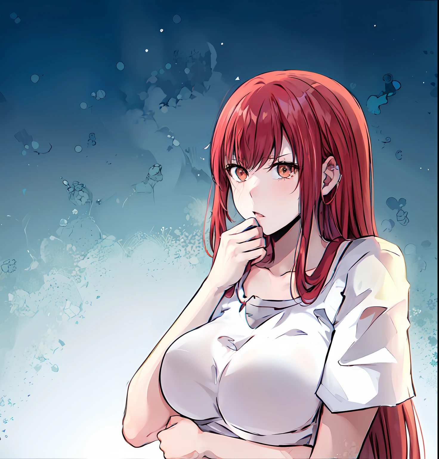 Anime girl posing for photo with red hair and white shirt, seductive anime girls, Marin Kitagawa fanart, kurisu makise steins gate anime, kurisu makise, makise kurisu, rias gremory, (Anime girl), she has red hair, attractive anime girls, anime moe art style, in an anime style, Anime style portrait