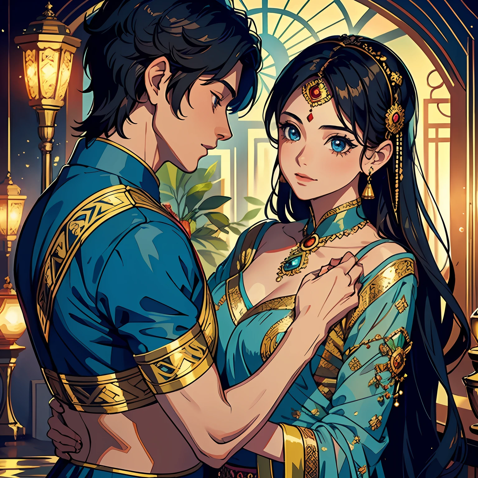 (best quality, artistic style) a young man in love, (emphasizing his hidden love), a beauty known throughout the world for her gracefulness. The scene is set with the iconic phrase, "Om Shanti Om".