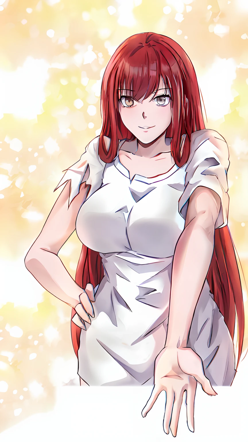 Anime girl posing for photo with red hair and white dress, erza scarlet as a real person, rias gremory, kurisu makise, makise kurisu, she has red hair, seductive anime girls, red haired goddess, wearing white clothes, she has long redorange hair, Marin Kitagawa fanart, monika