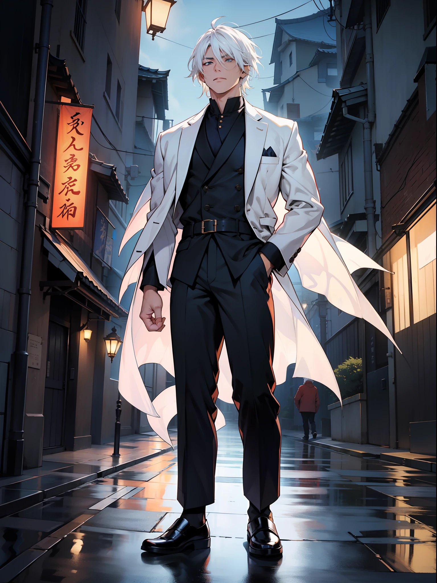 of a guy,Douluo,White hair,standing on your feet,the night,