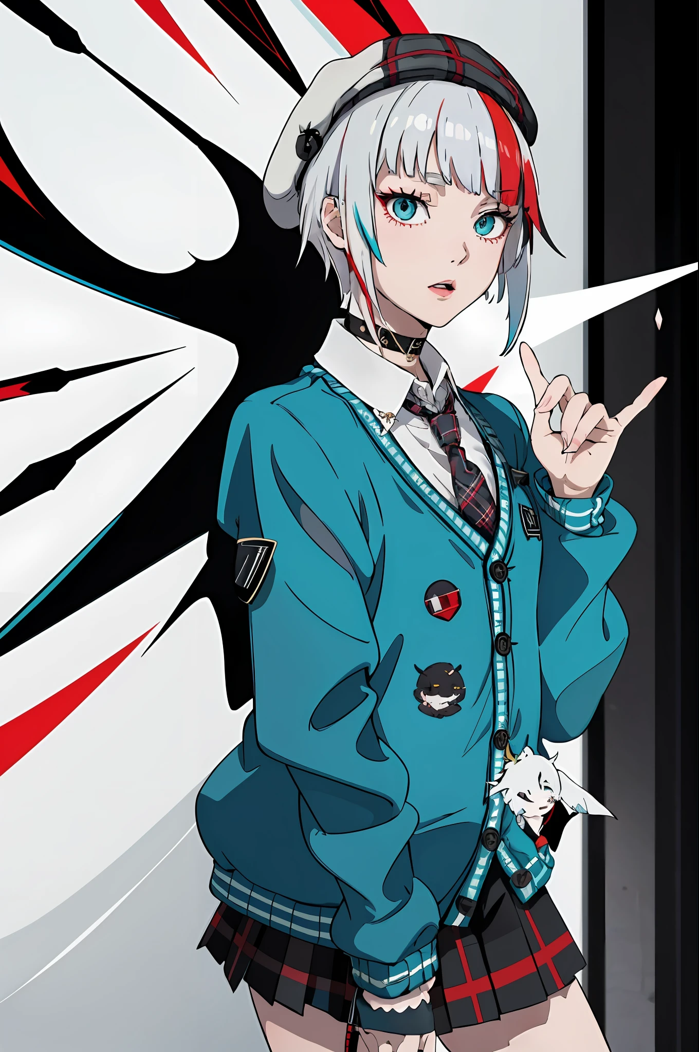 best quality, masterpiece, 1girl, solo, red gradient streaked hair, short hair, white hair, lily (wacca), black beret, plaid skirt, choker, cyan sweater jacket, collared shirt, black plaid necktie, sleeves past fingers, blunt bangs