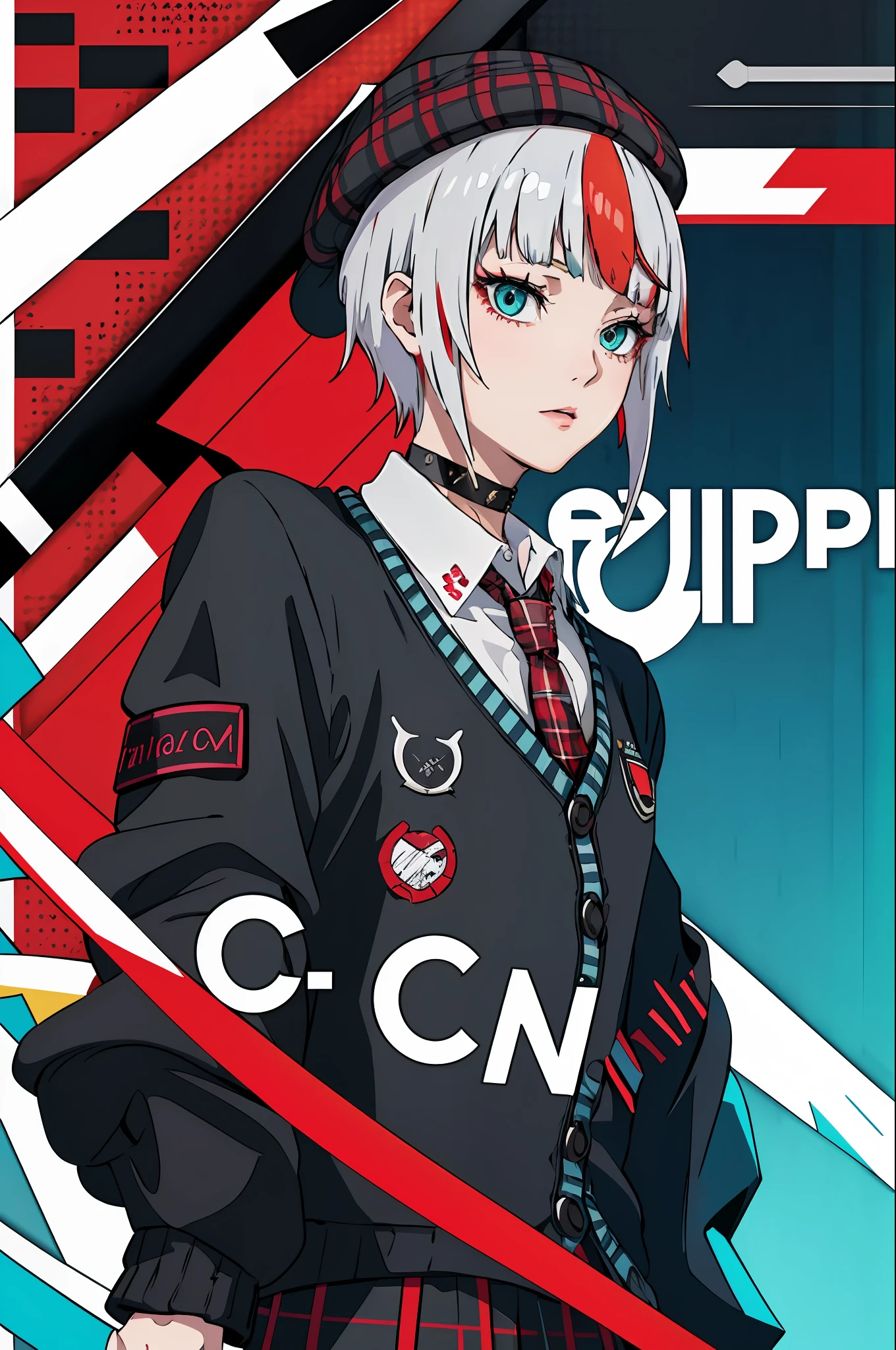 best quality, masterpiece, 1girl, solo, red gradient streaked hair, short hair, white hair, lily (wacca), black beret, plaid skirt, choker, cyan sweater jacket, collared shirt, black plaid necktie, sleeves past fingers, blunt bangs