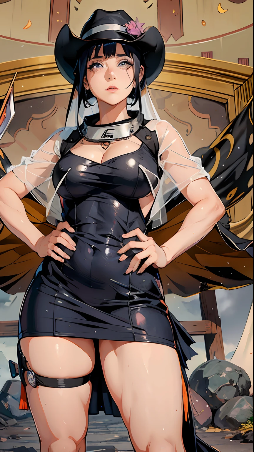 Hinata Hyuga in a black dress and cowboy hat posing for a photo, she is wearing a black dress, background is celestial, usando um vestido preto apertado, imagem de qualidade muito baixa, imagem frontal, full-body view, olhar sexy, 👰 🏇 ❌ 🍃, usando um vestido preto, full-length view, full body in sight, roupa preta, vaqueira