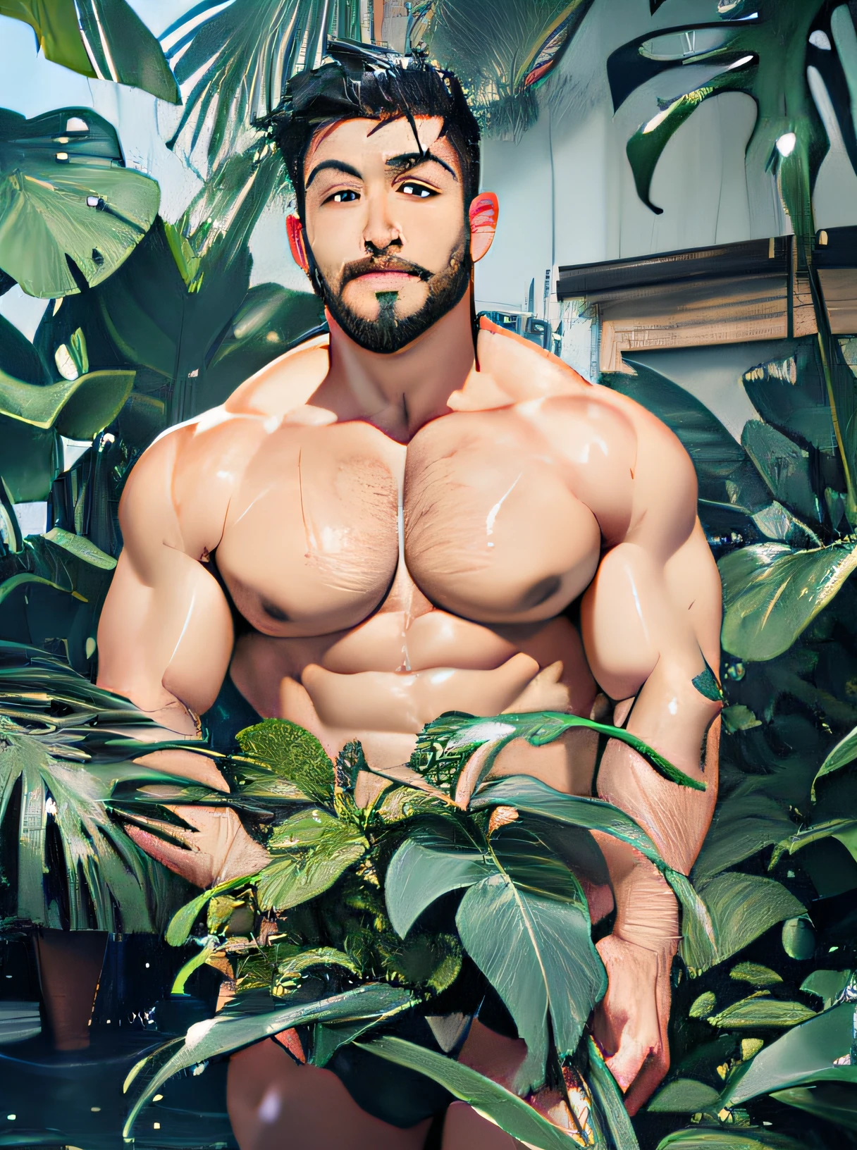 1 man, young middle-aged man, smirks, solo, white skin, chubby man, tall, hunk, big biceps, big pec, big pierced pink nipples with barbells , abs, big thighs, bubble big butts, big bulge, big musculine thihgs, big musuline claves, wide shoulder, open chest, black short hair, wet body, black hair, shirtless, standing and holding a taro plant terracotta , transparent white underwear erotic thong, viewer looking, high resolution:1.2, best quality, upper body shot, flat style, dark sky and tropical plants background, low camera angle, volumetric lighting, depth of field, shadow, tropical environment