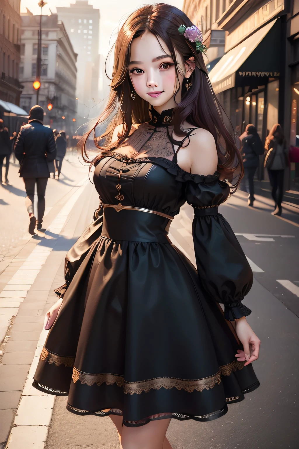 ((Best quality, 8k, Masterpiece :1.3)), 1girl, smiling, full body, slim face, Pretty woman, (Dark brown hair), full length dress :1.1, Ultra-detailed face, Detailed eyes, Double eyelid, blur background, slim face, city, outside, street,