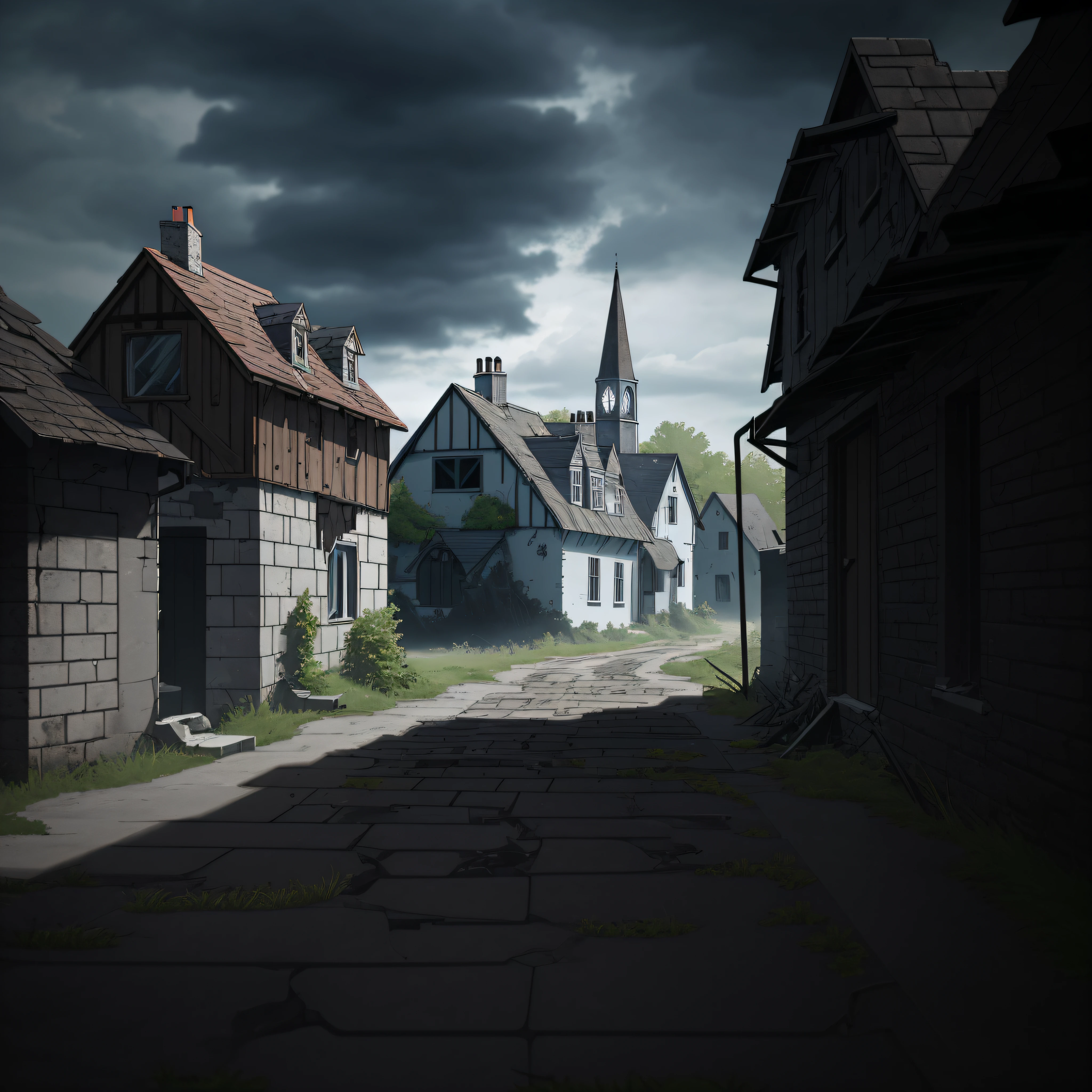 Detail Up crumbling rough dark sky Cloudy sky and rain shaking Stagnant clouds Ominous clouds illustration anime screenshot Ocean wind Not Japan Ruined house Brick house cobblestone road Medieval Europe Koyokan Crumbling brick house Unpaved cobblestones Ruined house Houses with a small number of colors A house on the verge of collapse desolate Fine line art 2020s anime