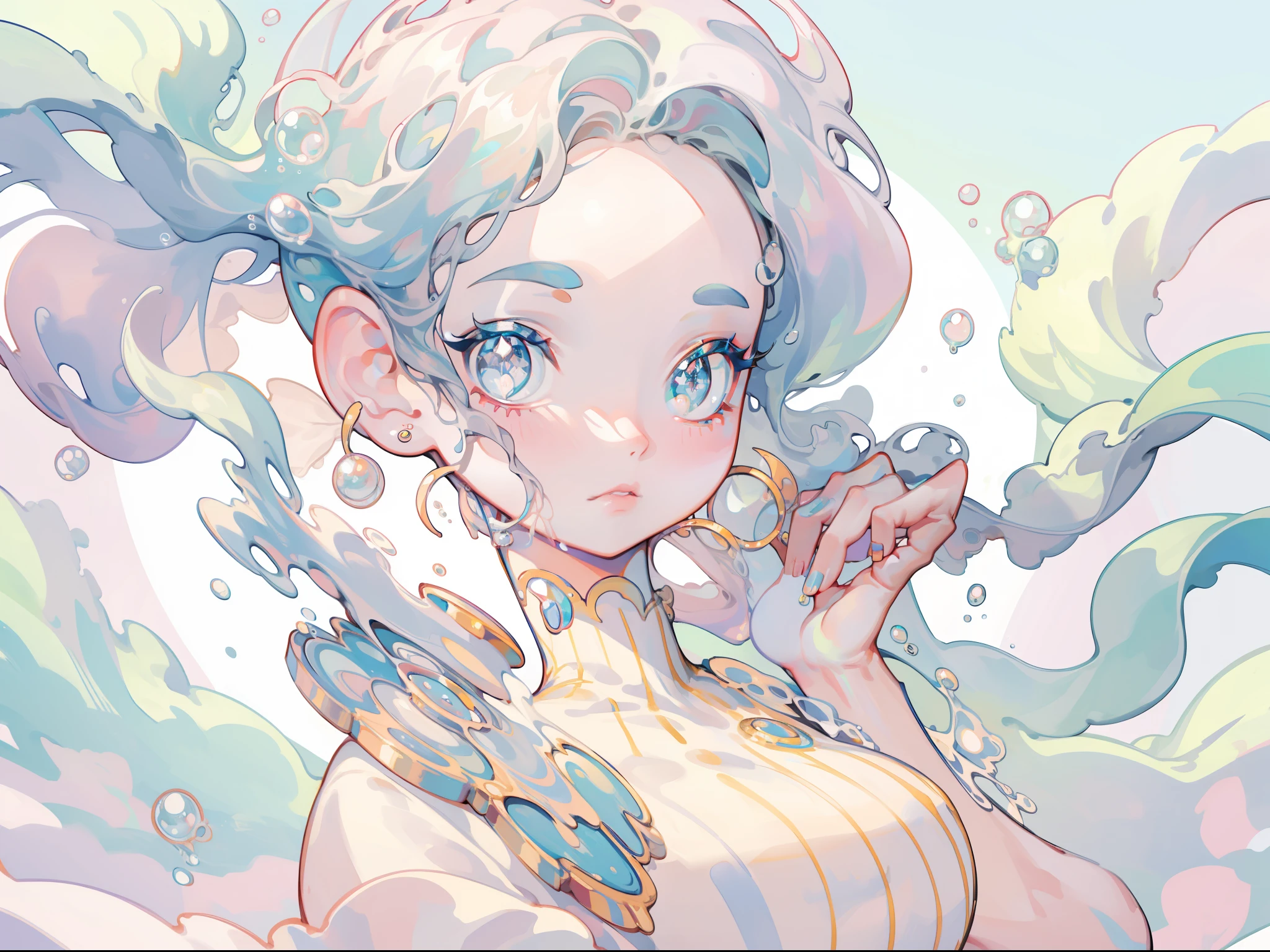 masterpiece, best quality, 8k resolution, sharp focus, intricate detail, beautiful girl, sparkling eyes, golden ratio face, otherworldly liquid, watercolor, pastel colors, bright colors, whimsical, colorful, sharp focus, high resolution, fine detail, liquid ballgown, ((round eyes)), iridescent bubbles