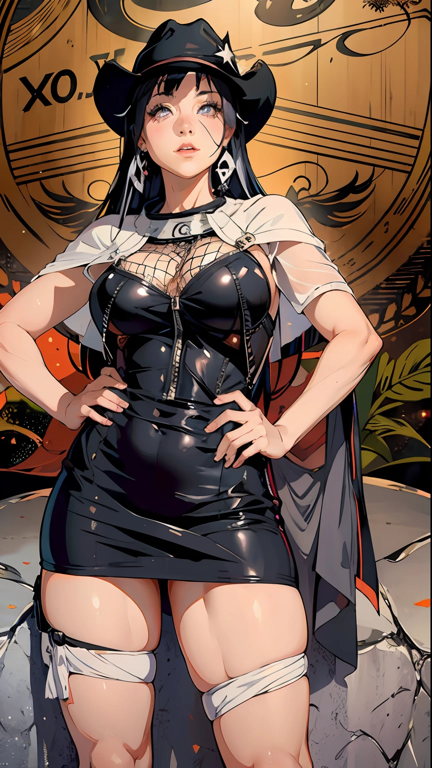 Hinata Hyuga in a black dress and cowboy hat posing for a photo, she is wearing a black dress, background is celestial, usando um vestido preto apertado, imagem de qualidade muito baixa, imagem frontal, full-body view, olhar sexy, ๐ฐ ๐ โ ๐, usando um vestido preto, full-length view, full body in sight, roupa preta, vaqueira