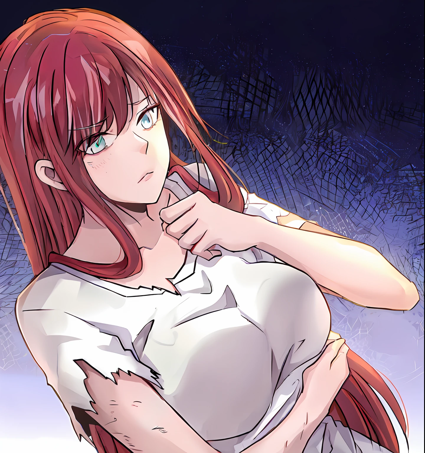 Anime girl with red hair and white shirt poses to the camera, Holo is a wolf girl, holo if a wolf girl, kurisu makise, seductive anime girls, makise kurisu, rias gremory, erza scarlet as a real person, kurisu makise steins gate anime, gapmoe yandere, Marin Kitagawa fanart