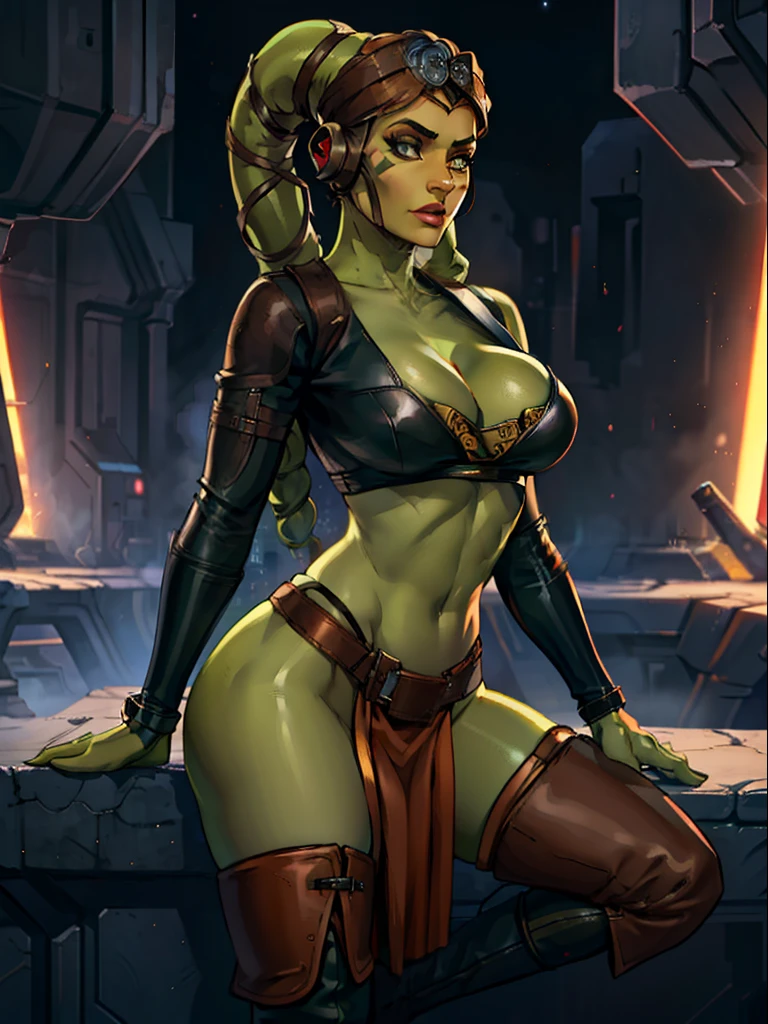 (best quality, masterpiece, highly detailed), 1girl, (green skin), sexy Twi'lek, large breasts, cleavage, Jedi, dark brown leather, pelvic curtain, loincloth, crop top, long sleeves, skirts, dark brown shorts, short leggings, long boots, brown leather, buckles, straps, Star Wars, lekku markings, Republic city,