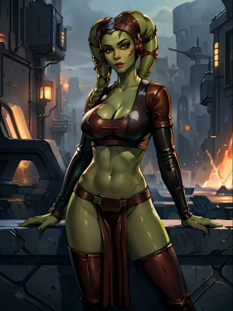 (best quality, masterpiece, highly detailed), 1girl, (green skin), sexy Twi'lek, large breasts, cleavage, Jedi, dark brown leather, pelvic curtain, loincloth, crop top, long sleeves, skirts, dark brown shorts, short leggings, long boots, brown leather, buckles, straps, Star Wars, lekku markings, Republic city,