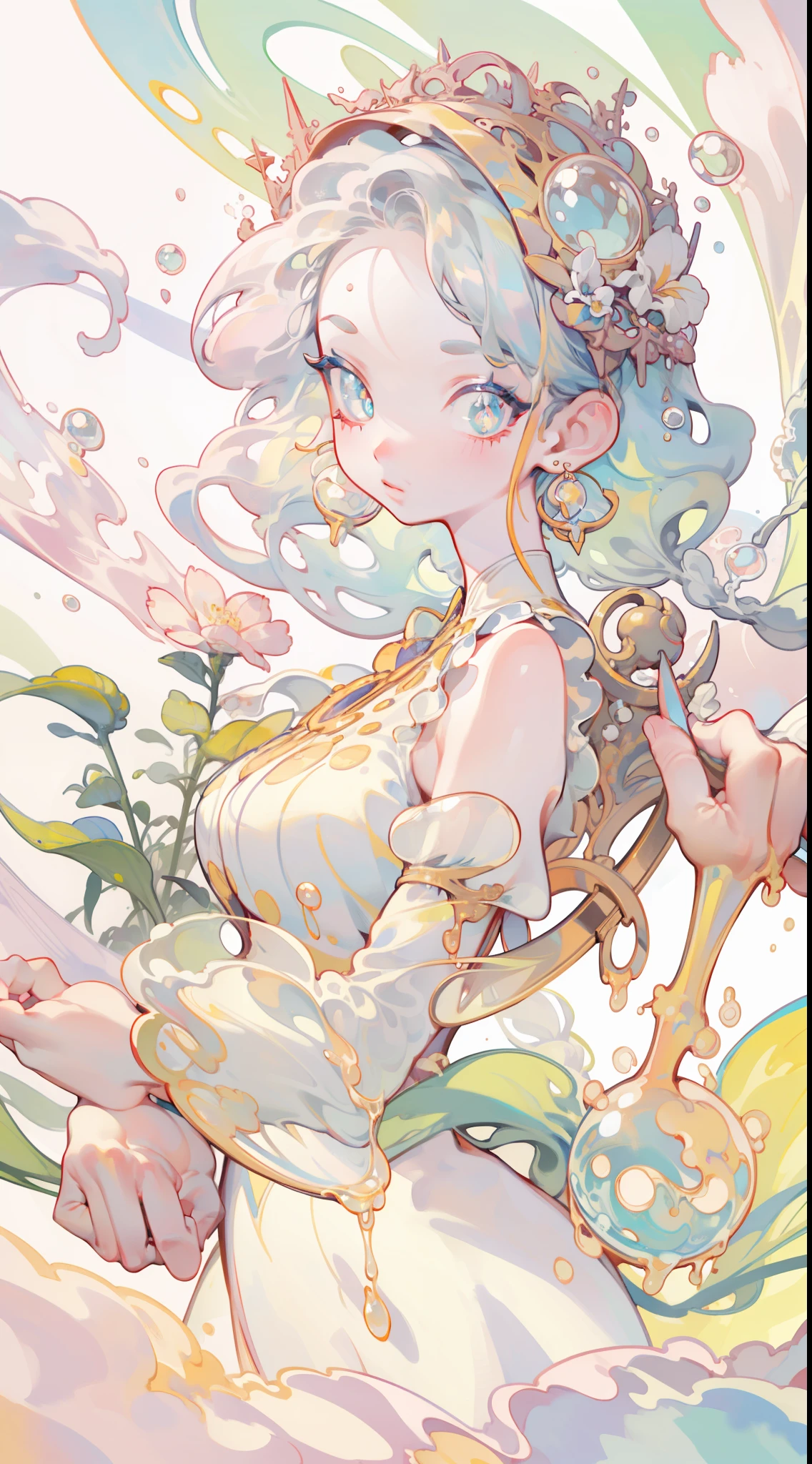 masterpiece, best quality, 8k resolution, sharp focus, intricate detail, beautiful girl, sparkling eyes, golden ratio face, otherworldly liquid, watercolor, pastel colors, bright colors, whimsical, colorful, sharp focus, high resolution, fine detail, liquid ballgown, ((round eyes)), iridescent bubbles