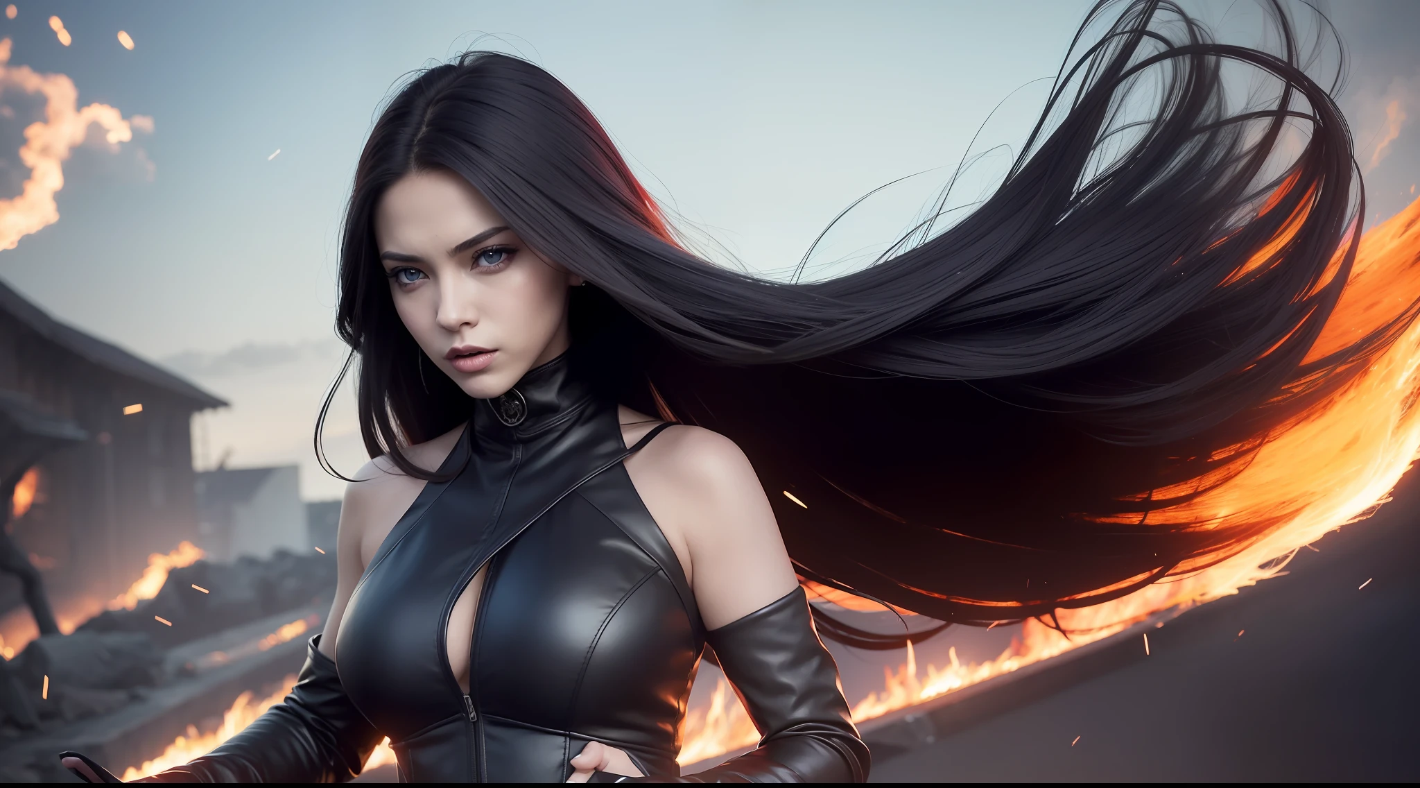 Super female vampire，black-clad，Conflict impact，The wind blows hair，The fire burst into the sky，blue color eyes，Photoreality，tmasterpiece，hentail realism，Photoreality，hight contrast，8K high-definition，Render the atmosphere，A detailed，ultra - detailed，超A high resolution，(真实感:1.4)，A high resolution，A detailed，richcolors