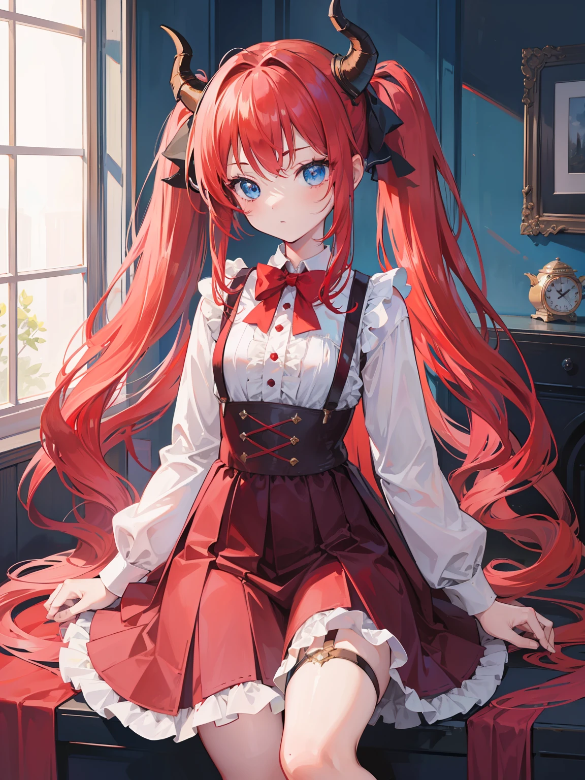 {{best quality}}, {{masterpiece}}, {{ultra-detailed}}, {illustration}, {detailed light}, red hair,blue eyes,twintails,ta,Suspenders skirt,Fantastic,lolio,Dragon horns,little girl,long hair
