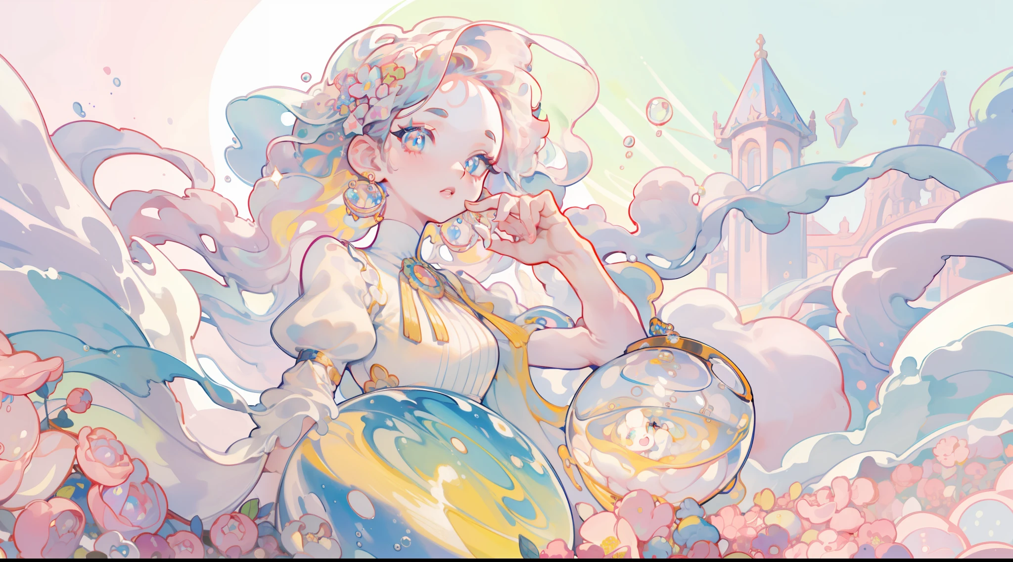 masterpiece, best quality, 8k resolution, sharp focus, intricate detail, beautiful girl, sparkling eyes, golden ratio face, otherworldly liquid, watercolor, pastel colors, bright colors, whimsical, colorful, sharp focus, high resolution, fine detail, liquid ballgown, ((round eyes)), iridescent bubbles