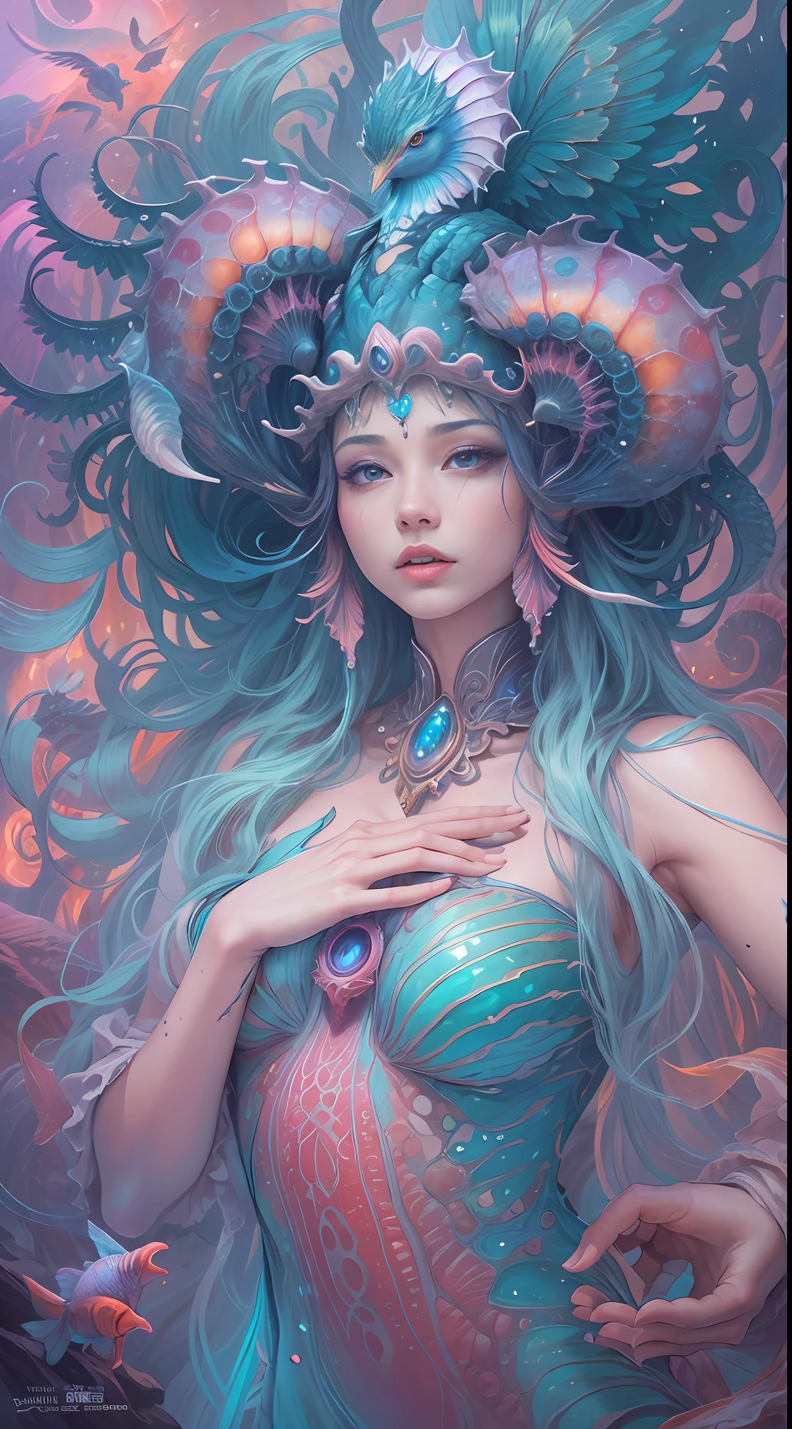 best qualtiy,tmasterpiece,超高分辨率,(photograph realistic:1.4),ultra-realistic realism,Dream-like,The beautiful blue goddess wears a phoenix peacock on her head, Nautilus, a betta fish,The creation of fantasy,Brain conch,Dream Conch,Biopunk Nautilus,Thrilling color scheme, ultra-realistic realism, abstracted, psychedelia,