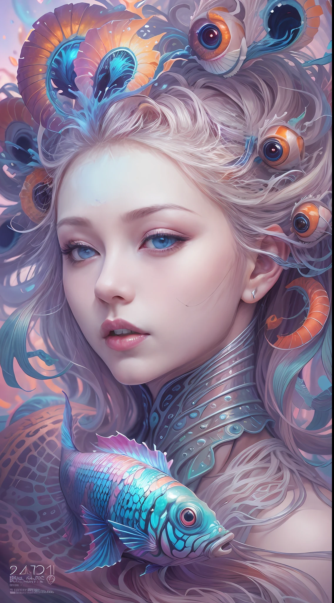 best qualtiy，tmasterpiece，超高分辨率，（photograph realistic：1.4），ultra-realistic realism，Dream-like，The beautiful blue goddess wears a phoenix peacock on her head, Nautilus, a betta fish，The creation of fantasy，Brain conch，Dream Conch，Biopunk Nautilus，Thrilling color scheme， ultra-realistic realism， abstracted， psychedelia,