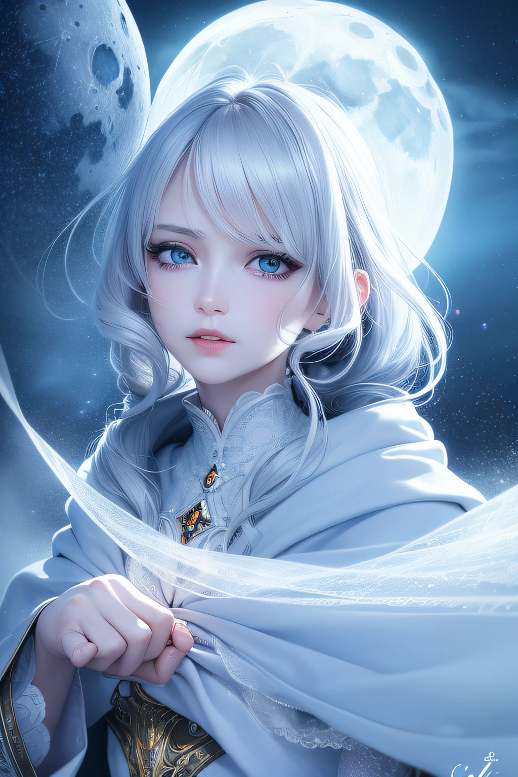 masterpiece, (best quality:1.2), (ultra-detailed:1.2), illustration, (an extremely delicate and beautiful:1.2),cinematic angle,floating, (beautiful detailed eyes:1.1), (detailed light:1.1),cinematic lighting, beautifully detailed sky, women, white hair, blue eyes, (high ponytail:1.1), cloak, glowing eyes, (moon:1.2), (moonlight:1.1), starry sky, (lighting particle:1.1), fog, snow painting, sketch, bloom