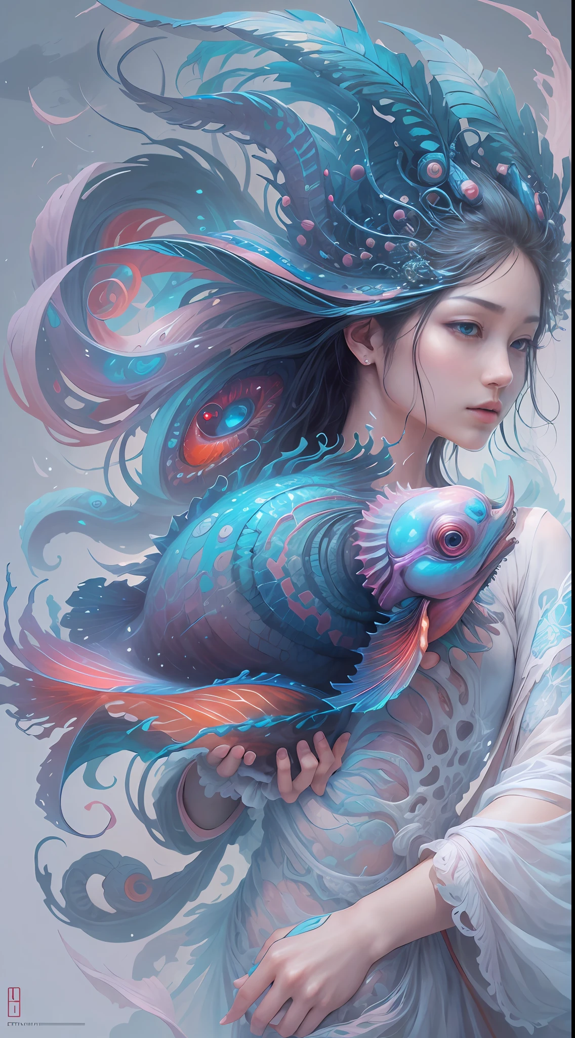 best qualtiy,tmasterpiece,超高分辨率,(photograph realistic:1.4),ultra-realistic realism,Dream-like,The beautiful blue goddess wears a phoenix peacock on her head, Nautilus, a betta fish,The creation of fantasy,Brain conch,Dream Conch,Biopunk Nautilus,Thrilling color scheme, ultra-realistic realism, abstracted, psychedelia,