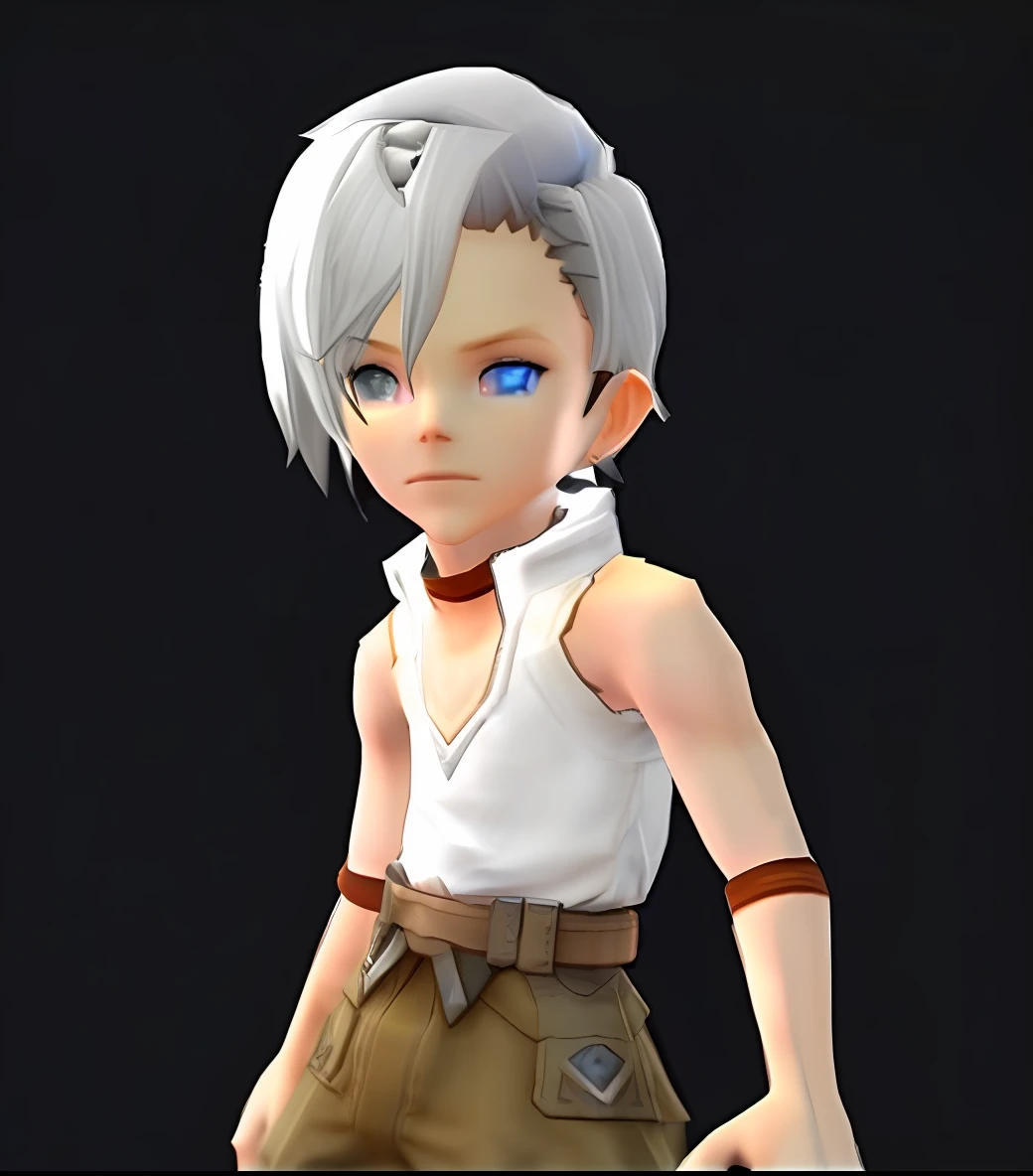 a close up of a person with a white shirt and brown pants, lalafell, jrpg character, dwarf with white hair, girl with short white hair, main character, relaxed dwarf with white hair, final fantasy tactics character, he has dark grey hairs, white haired, final fantasy 14 style, with short bobbed white hair, white-haired, white hair,blue eyes, white skin, clothes white,