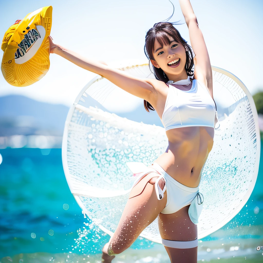 (masterpiece, best quality:1.3), (16k, highres:1.3), Water splashes behind her, cute girl jumping on the beach, chiho, wearing two - piece swimsuit, aya takano color style, of a youthful japanese girl, young pretty gravure idol, is wearing a swimsuit, pose(arms up + happy), yasumoto oka, shiori teshirogi, bae suzy