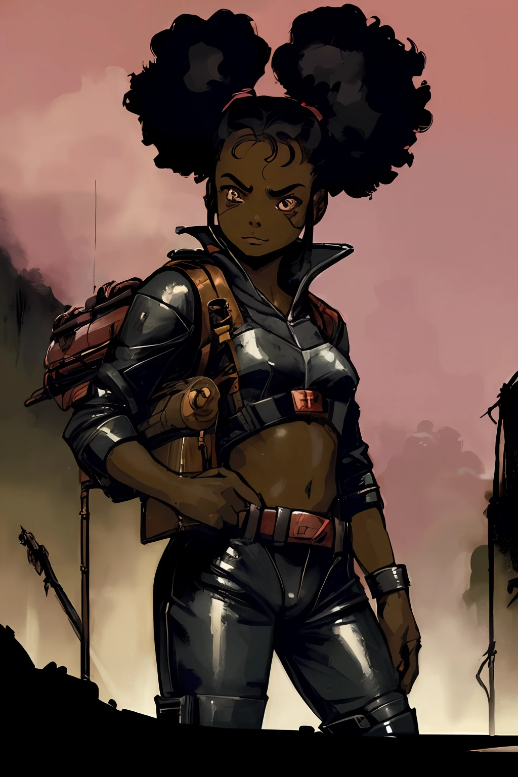 portrait of 1 black small child girl, trigger happy, afro pig tails, battle stance,   full apocalyptic gear, intense action background, rocket launcher, happy expression, Tiny Tina inspired, 
futuristic,  detailed,  (  methurlant)
dark, dim light, gritty, comic,  
(masterpiece, best quality:1.3),