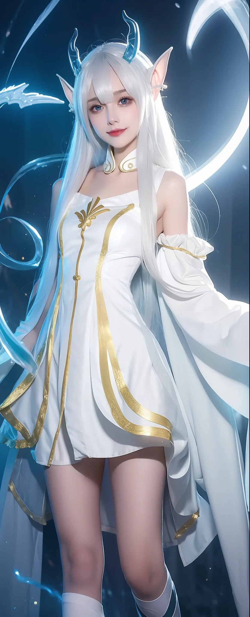 Molded characteristic sense standing posture
Soft natural light，cinematric light， Side light
Elf ears
The breeze hat ribbon is seductive and energetic，Blurred，Extinction，moving，seductiv，Gold-rimmed white coat，blackstockings