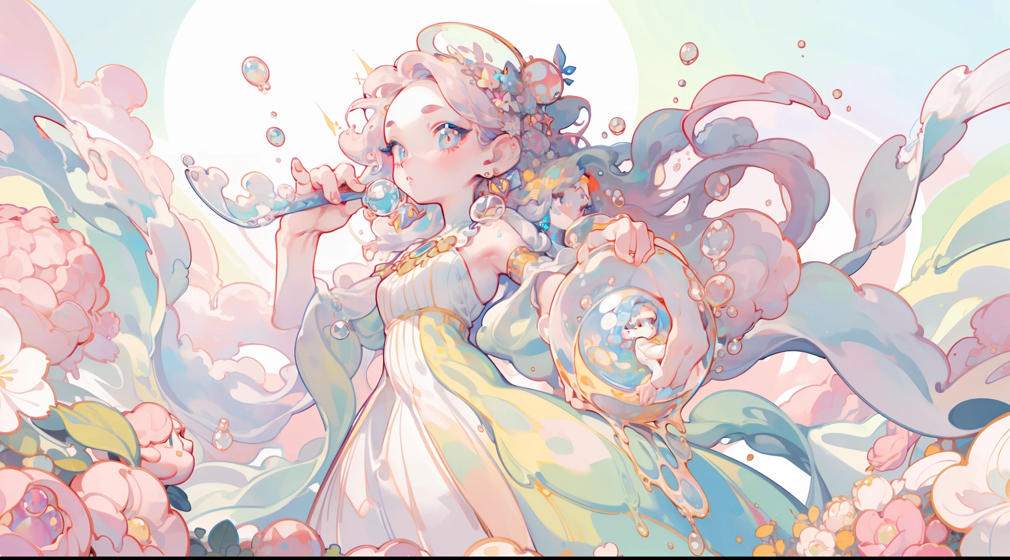 masterpiece, best quality, 8k resolution, sharp focus, intricate detail, beautiful girl, sparkling eyes, golden ratio face, otherworldly liquid, watercolor, pastel colors, bright colors, whimsical, colorful, sharp focus, high resolution, fine detail, liquid ballgown, ((round eyes)), iridescent bubbles