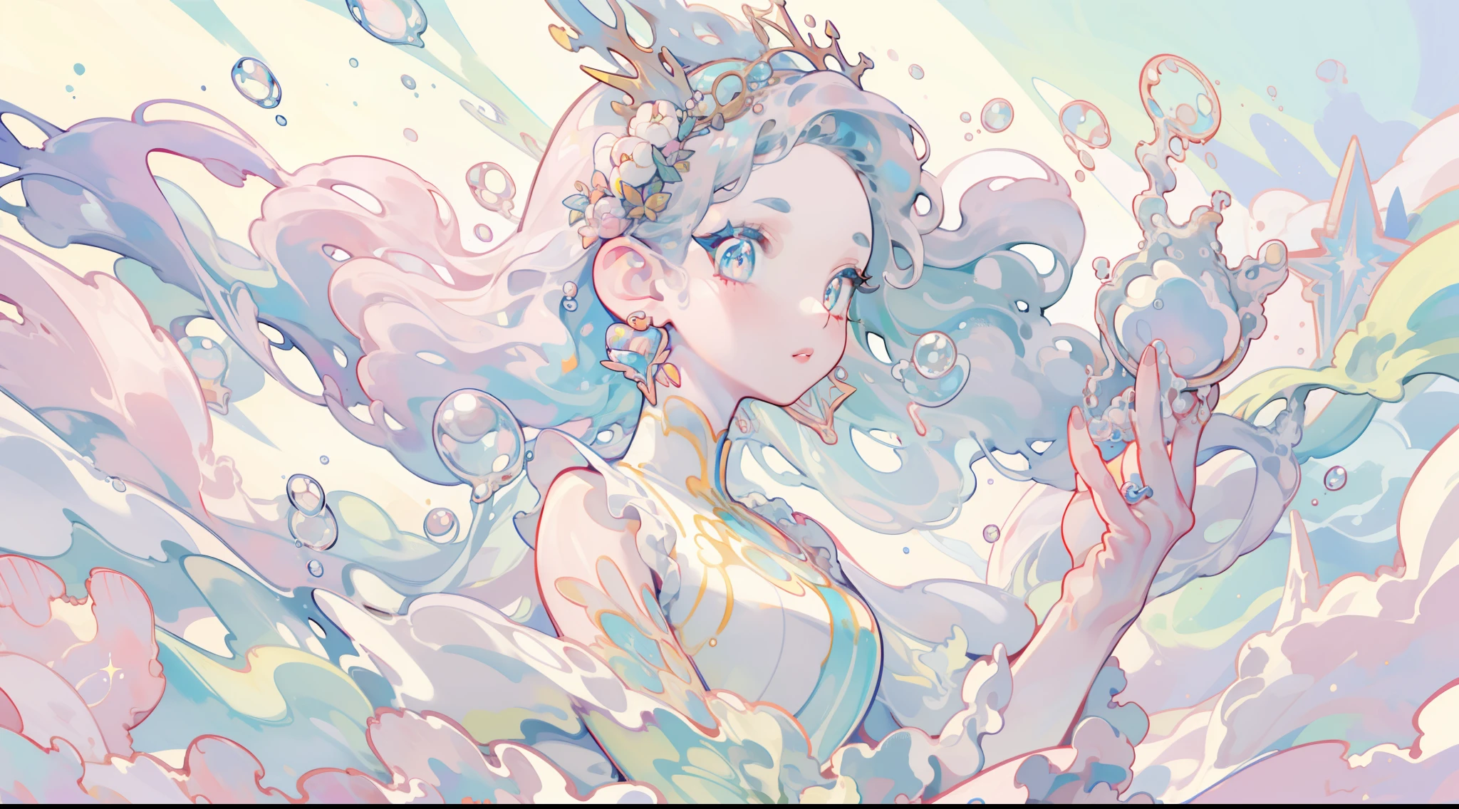 masterpiece, best quality, 8k resolution, sharp focus, intricate detail, beautiful girl, sparkling eyes, golden ratio face, otherworldly liquid, watercolor, pastel colors, bright colors, whimsical, colorful, sharp focus, high resolution, fine detail, liquid ballgown, ((round eyes)), iridescent bubbles