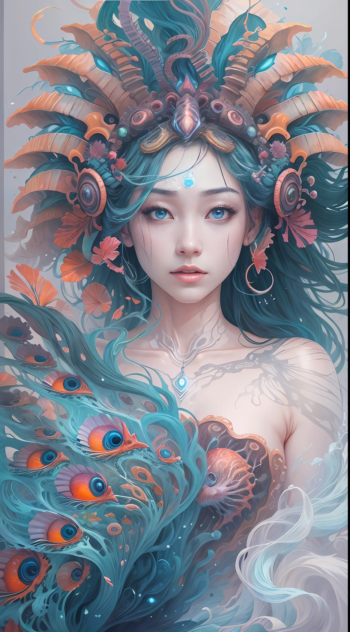 best qualtiy，tmasterpiece，超高分辨率，（photograph realistic：1.4），ultra-realistic realism，Dream-like，The beautiful blue goddess wears a phoenix peacock on her head, Nautilus, a betta fish，The creation of fantasy，Brain conch，Dream Conch，Biopunk Nautilus，Thrilling color scheme， ultra-realistic realism， abstracted， psychedelia,