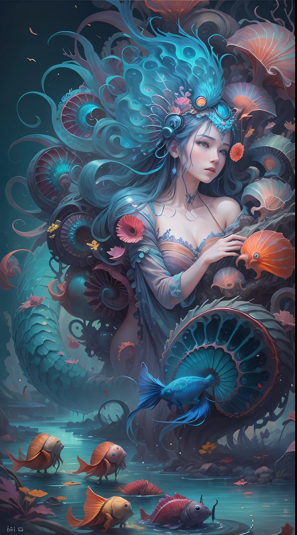 best qualtiy,tmasterpiece,超高分辨率,(photograph realistic:1.4),ultra-realistic realism,Dream-like,The beautiful blue goddess wears a phoenix peacock on her head, Nautilus, a betta fish,The creation of fantasy,Brain conch,Dream Conch,Biopunk Nautilus,Thrilling color scheme, ultra-realistic realism, abstracted, psychedelia,