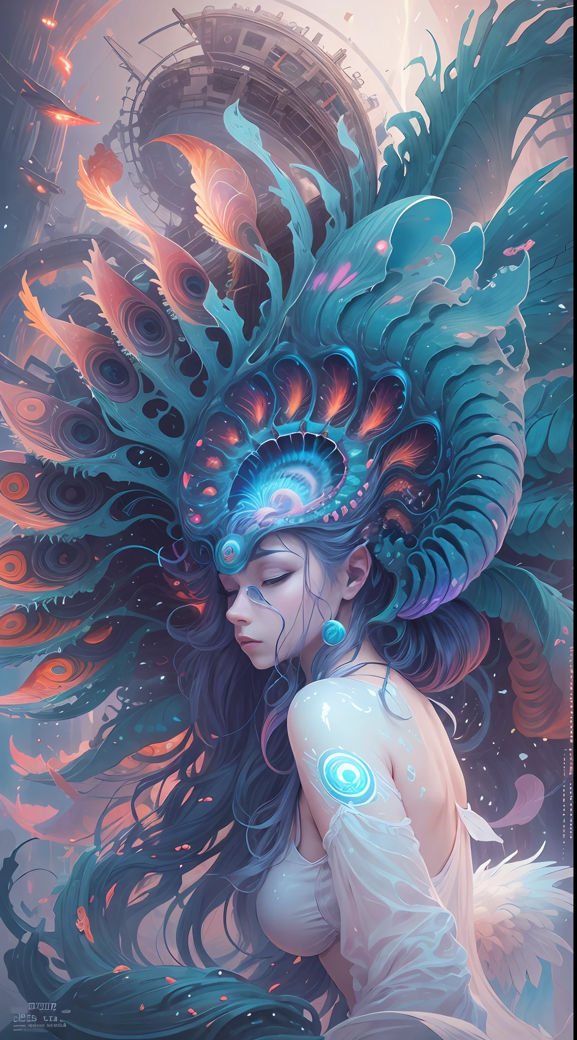 best qualtiy，tmasterpiece，超高分辨率，（photograph realistic：1.4），ultra-realistic realism，Dream-like，The beautiful blue goddess wears a phoenix peacock on her head, Nautilus, a betta fish，The creation of fantasy，Brain conch，Dream Conch，Biopunk Nautilus，Thrilling color scheme， ultra-realistic realism， abstracted， psychedelia,