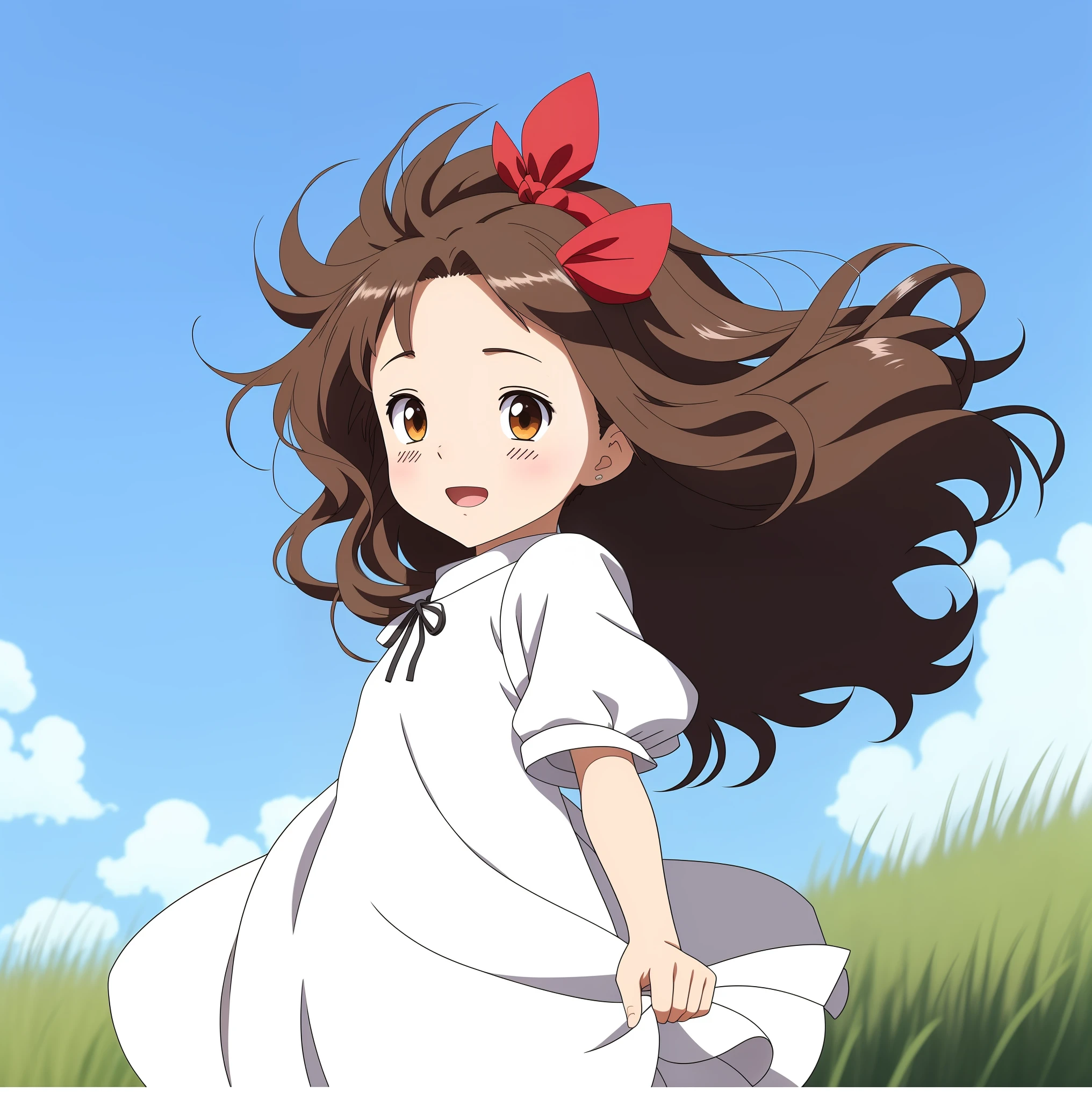 Anime girl running on grass，Brown hair long，wears a white dress, style in ghibli anime, style in ghibli anime style, studio ghibli artstyle, studio ghibli and shinkai makoto, the anime girl is running, studio ghibli artstyle, in the studio ghibli anime film, studio ghibli sunlight, studio ghibli anime, anime visual of a cute girl, Best quality at best，（realisticlying：1.2），(Detailed eyes)，clothes details，cheerfulness，having fun，（Sharp focus），（detailedeyes），Rounded face，3Drenderingof，