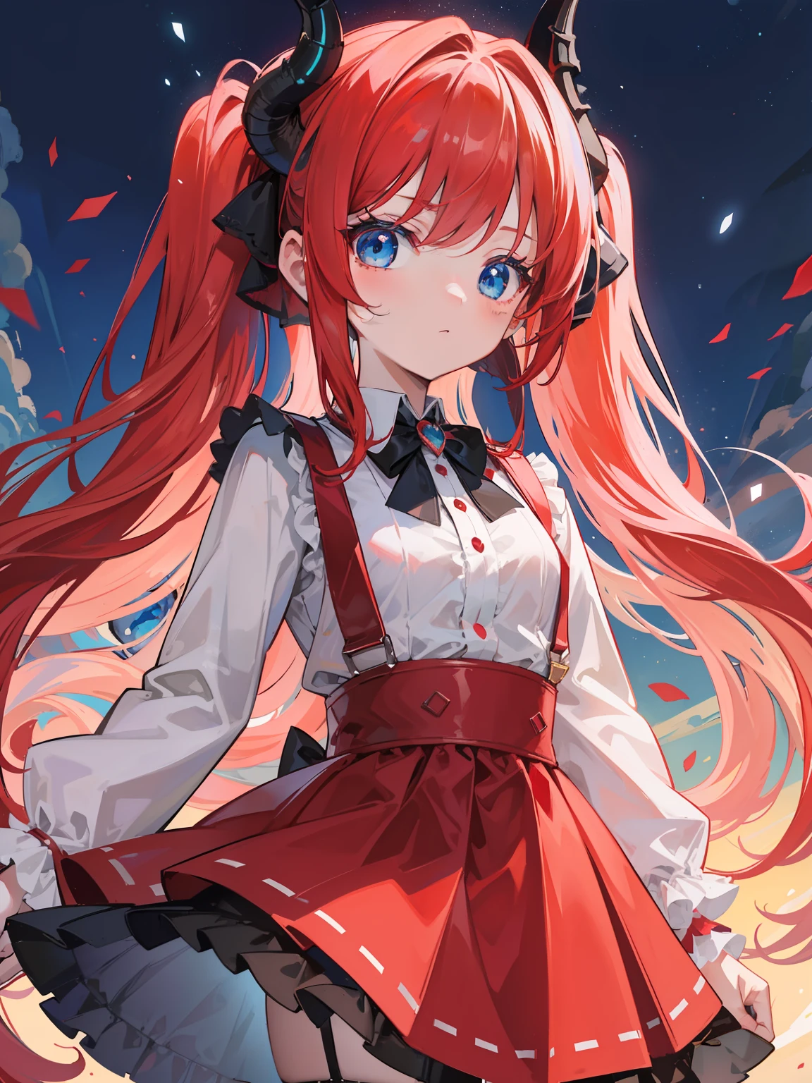 {{best quality}}, {{masterpiece}}, {{ultra-detailed}}, {illustration}, {detailed light}, red hair,blue eyes,twintails,lolita,Suspenders skirt,Fantastic,loli,solo,Dragon horns,little girl,long hair