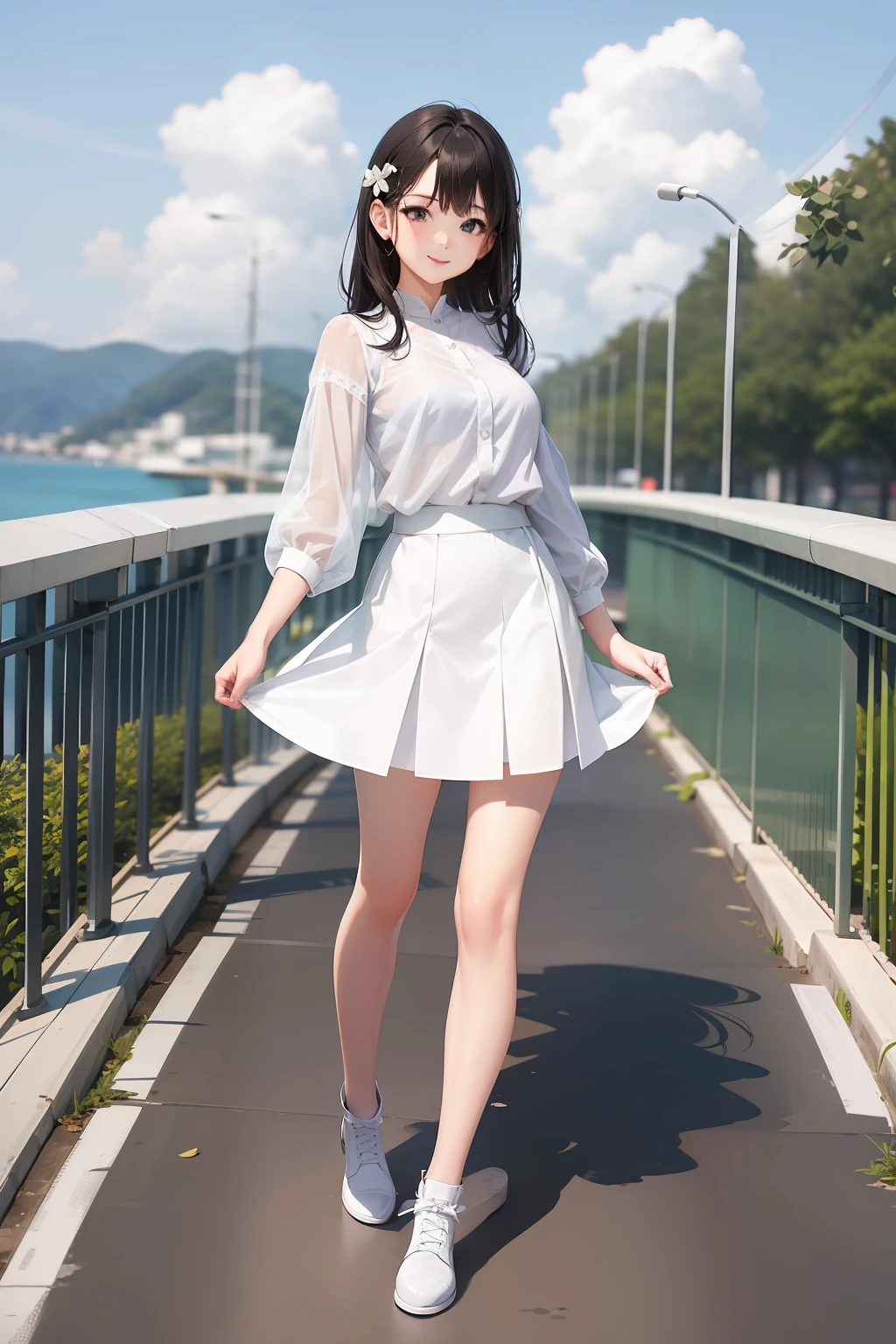 Beautiful girl standing on bridge railing、White blouses、White mini skirt、Long leg smile、Right arm forward