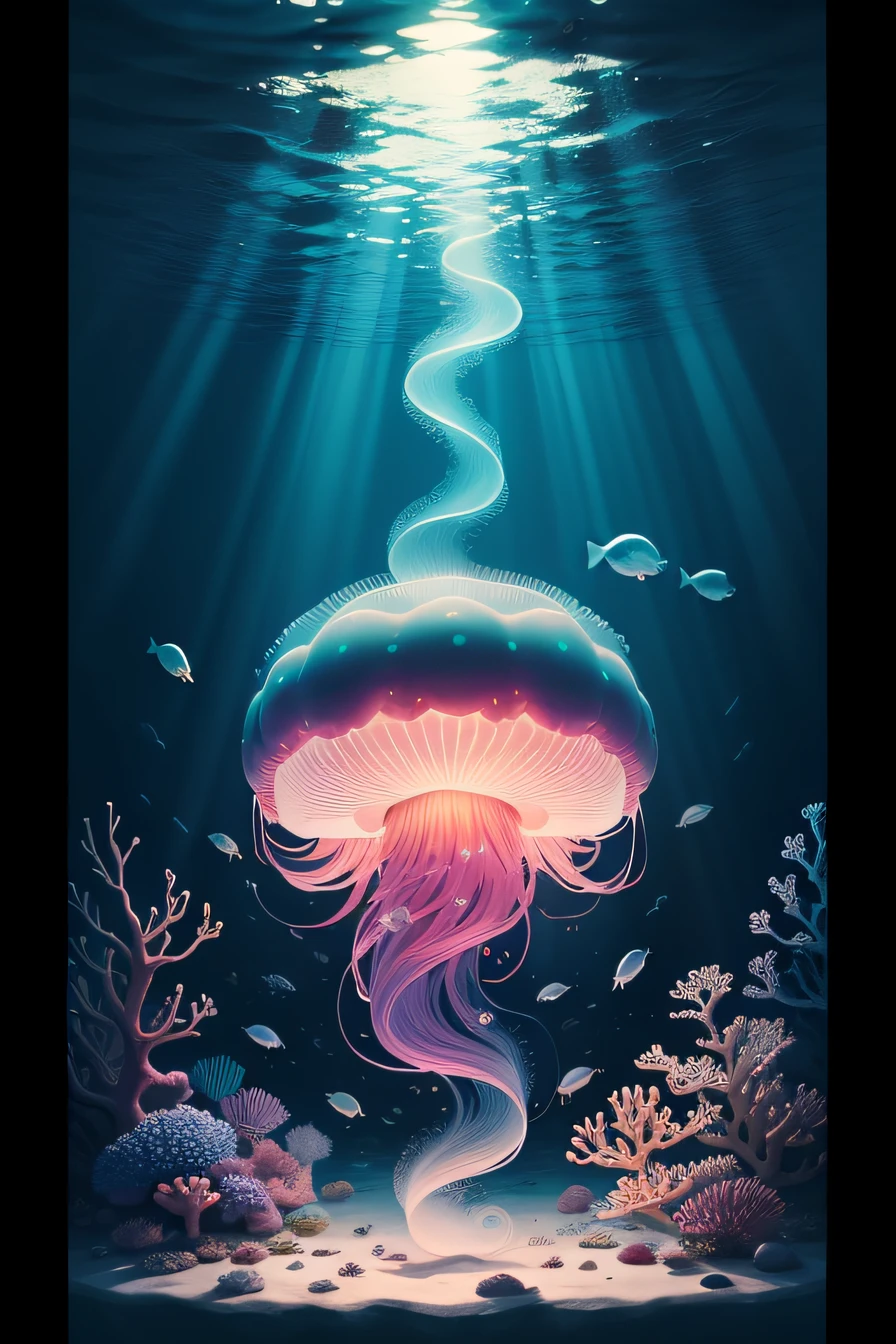 Dream jellyfish,ocean floor,The corals,fish flocks,photorealestic