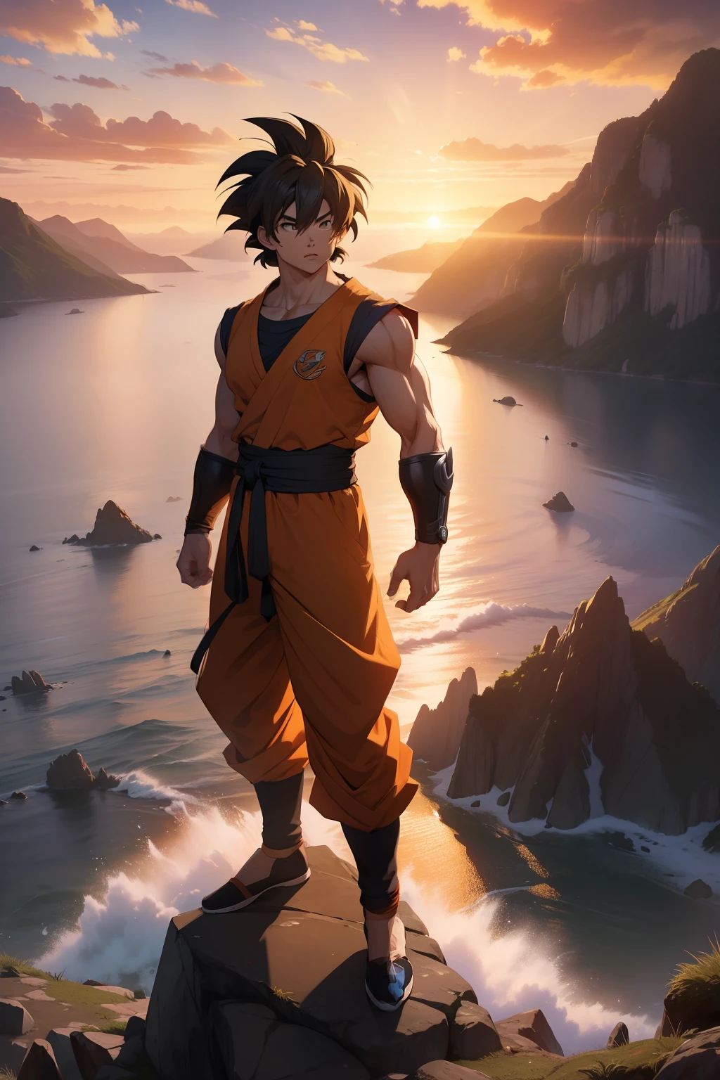 masterpiece, best quality, ultra-HD, photorealistic, cinematic, ultra-detailed, 8k resolution, Son Goku, 1 boy, full body view, from head to toe visibility, sunset, mountain, sea