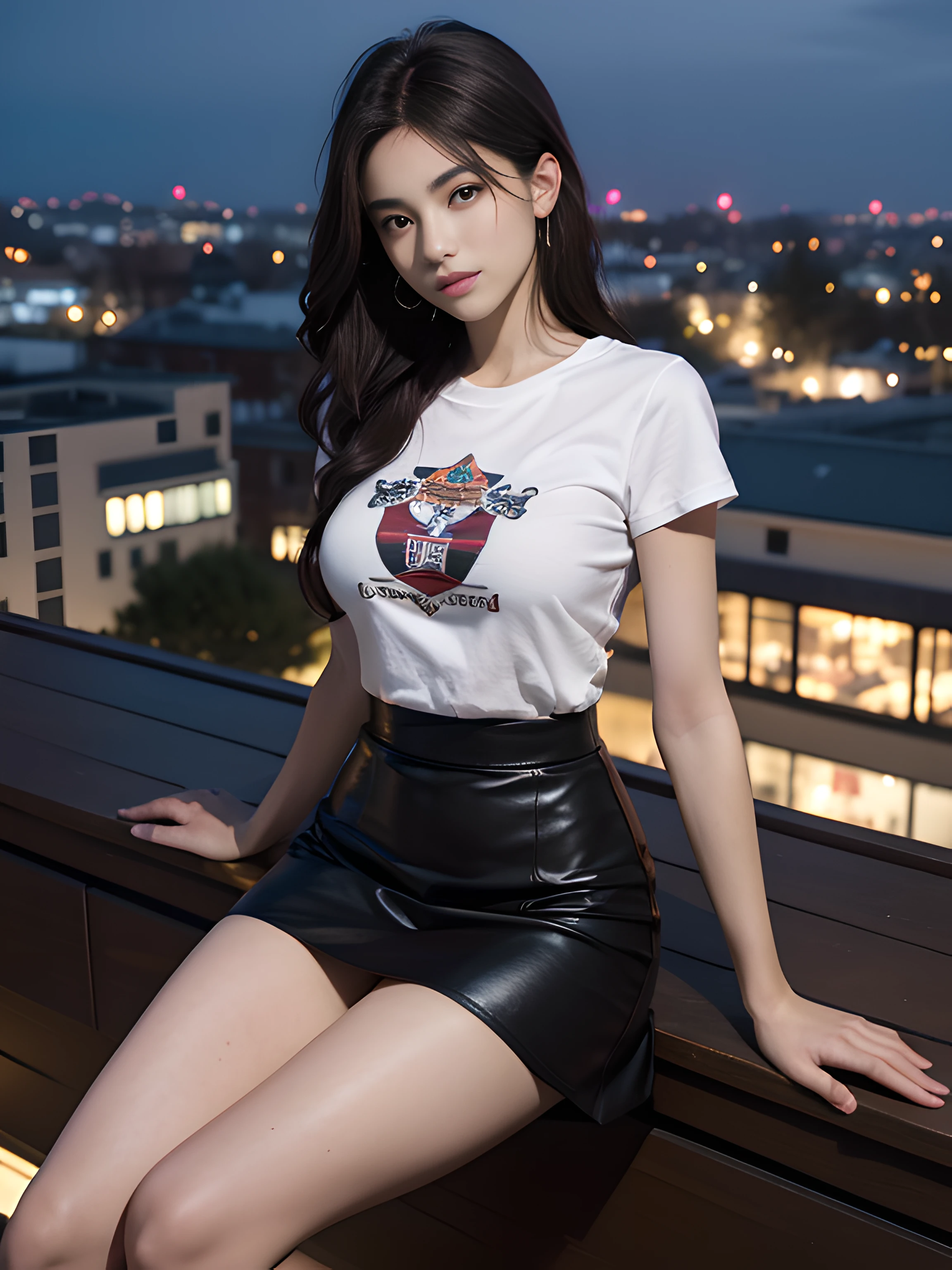 ((midynight, Acura, 8K, tmasterpiece: 1.3)), full bodyesbian, long leges, Focalors: 1.2, perfect figure beautiful woman: 1.4, Slim abs: 1.1, (dark brown hair,: 1.2 )), (tight tshirt, short skirt,sitting on a stool: 1.2), (city night scene, the roof: 1.3)), Highly Detailed Face and Skin Textur, detailedeyes, 二重まぶた,