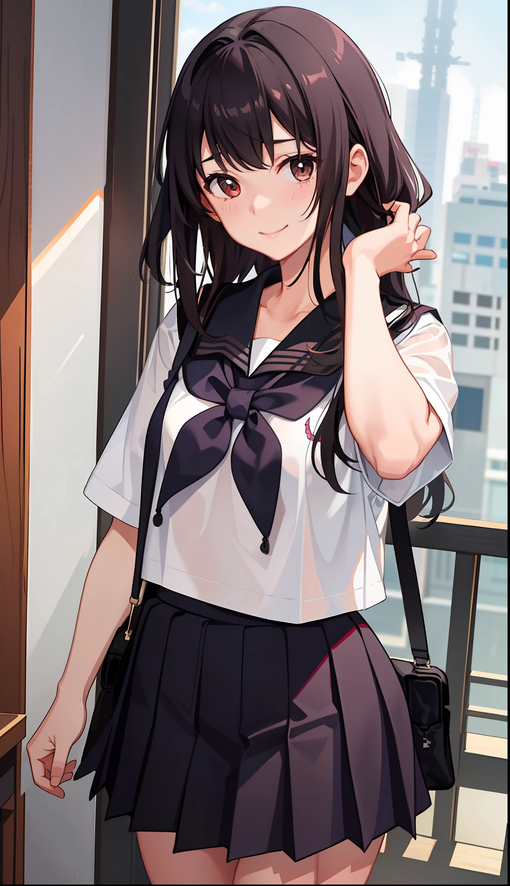 1girl in、A smile、The shirt、skirt by the、（small tits）Chilarism、Japan High School Student Uniform、serafuku、summer clothing、Squall Drenched Uniform、（Sheer Bra）、Upper body portrait、
