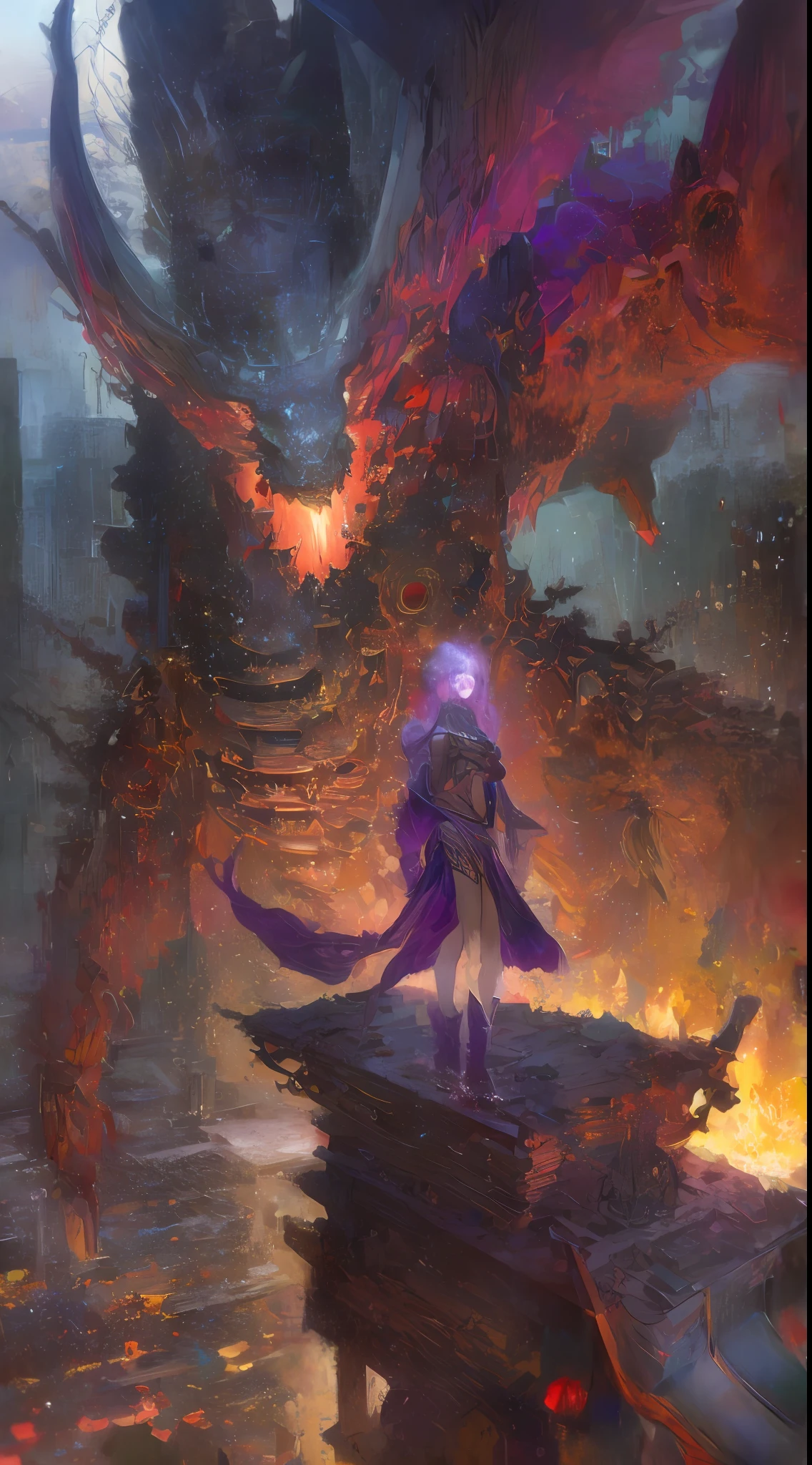 ruanjia,Thick coating,CG art,ultra-wide-angle,From above,over distances,{{master piece}},Best quality,illustration,1 Hellbringer,Small breast,beatiful detailed eyes,beatiful detailed cyberpunk city,flat_chest,beautifully detailed hair,Wavy hair,Beautiful detail helmsman, Hellbringers,cool movement,black reotard,{filigree},Wings of Dagon,Colorful background,A dragon stands behind the messenger of hell,raging fire,bleed,Blood,Beautiful hell dragon,(Cold face)Hell scenes