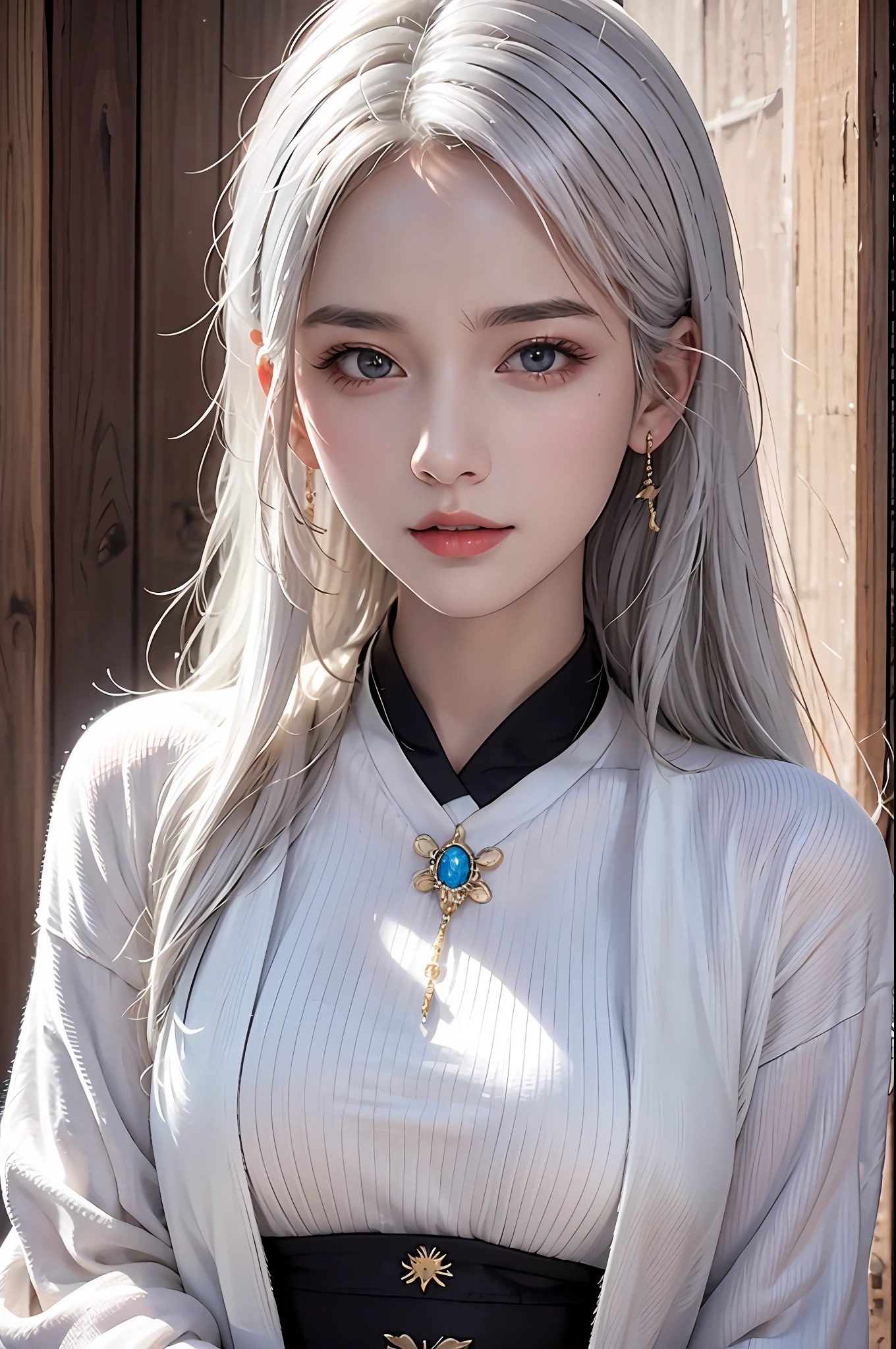 photorealistic, high resolution, soft lights, 1women, solo, hips up, look at viewer, (detailed face), white hair, long hair, school uniform, jewelry